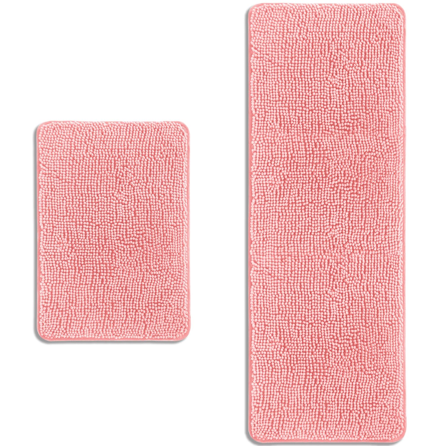 PureSwan Bathroom Rugs Sets 2 Piece – Absorbent and Washable Bath Mat, Non-Slip, Thick Soft Chenille Bath Rugs for Bathroom Floor, Shower, Sink(17" x 24"+17" x 47", Pink)