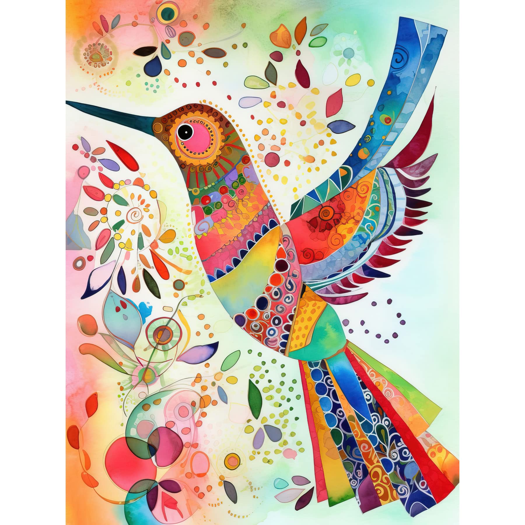 Artery8 Hummingbird With Multicolour Pattern Feathers Folk Art Watercolour Painting Large Wall Art Poster Print Thick Paper 18X24 Inch