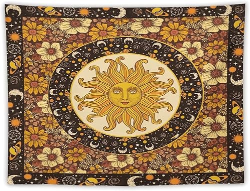 Tapiz vintage con diseño de sol y luna, bohemio, para colgar en la pared con girasoles, mariposa, polilla, constelación, estético, tapices para