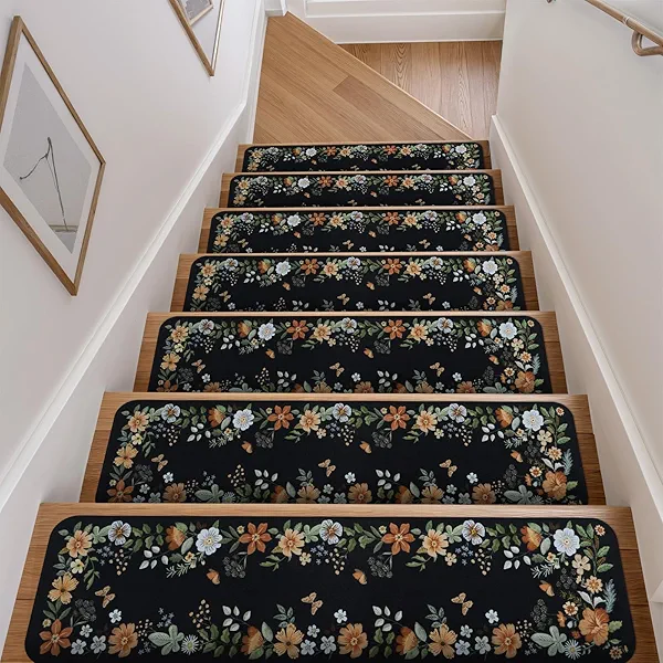 OJIA Floral Stair Treads Non-Slip Carpet Stair Treads for Wooden Steps Indoor 15PCS 30"x8" Stair Runner Stair Mats Staircase Step Treads for Kids, Elders and Dogs, Stair Covers, Black