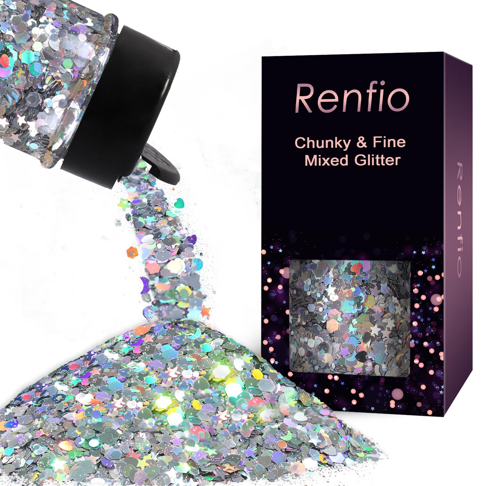 Renfio Mixed Shapes Confetti, Star Confetti Holographic Chunky Glitter, 1.75oz/50g Silver Glitter Heart Moon Circle Sequins Glitter for Crafts for Nail Art Resin Tumblers - Silver Galaxy