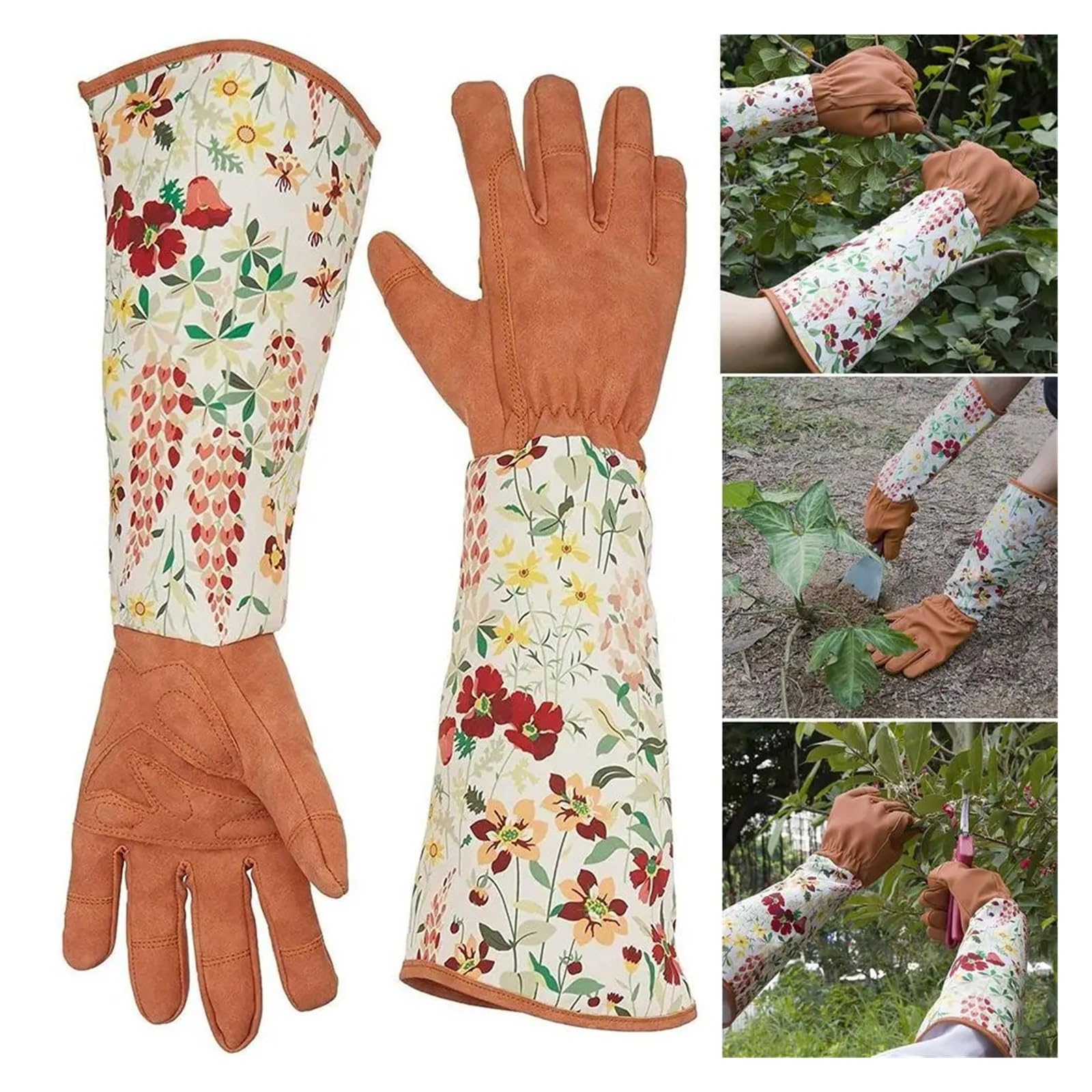 Oddychające Rękawiczki Kwiatowy Nadruk Faux Leather Ogrodowe Dla Kobiet Antypoślizgowe Rękawice Do Czyszczenia Ogrodnicze Użytku Domowego Mocny Chwyt(Sun Flower Brown)