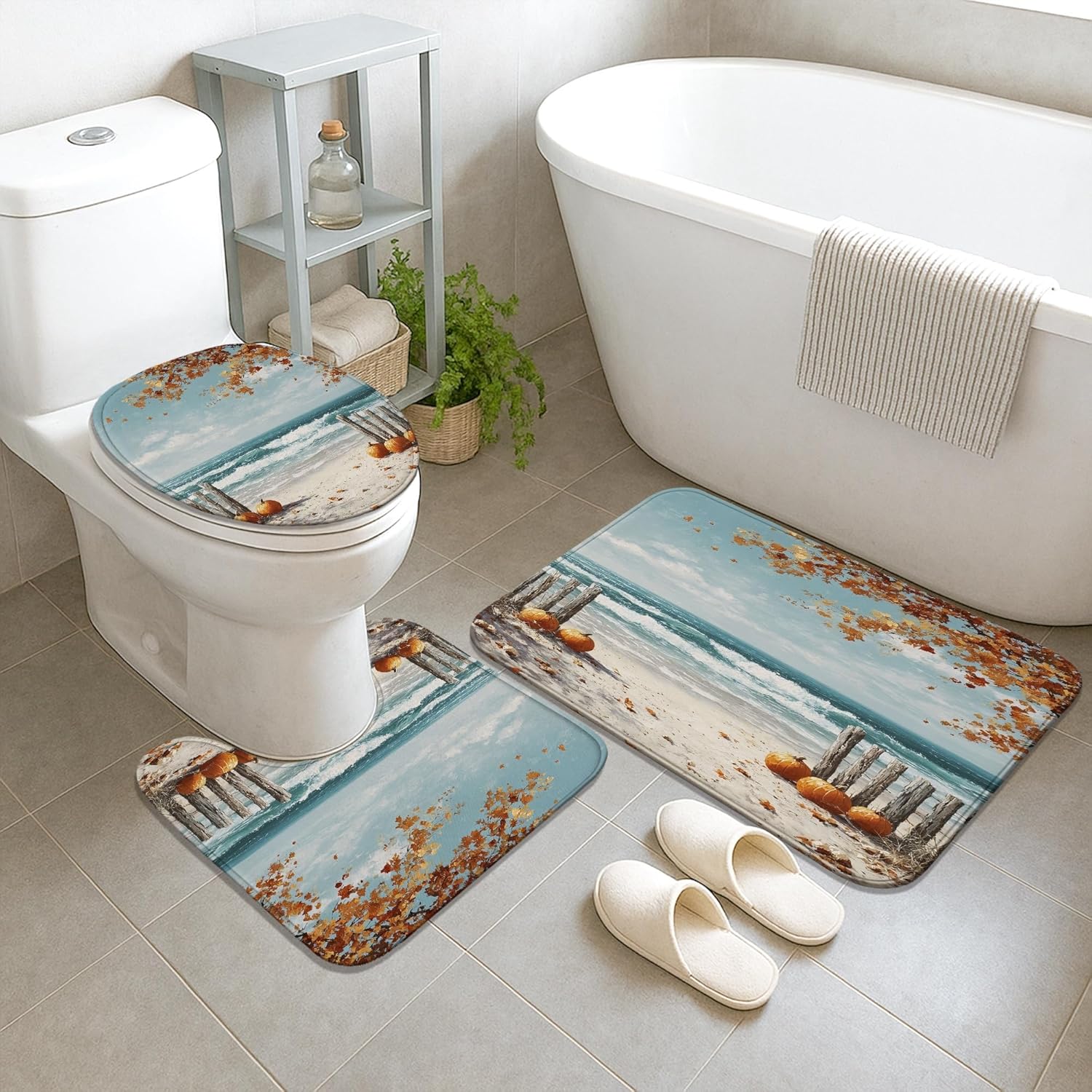 4Pcs Autumn Beach Shower Curtain Set, Orange Blue Pumpkin Bath Mat Rugs Accessories for Bathroom Decor, Fall Modern Waterproof Fabric Shower Curtain Set with Hooks 72x72 Inch