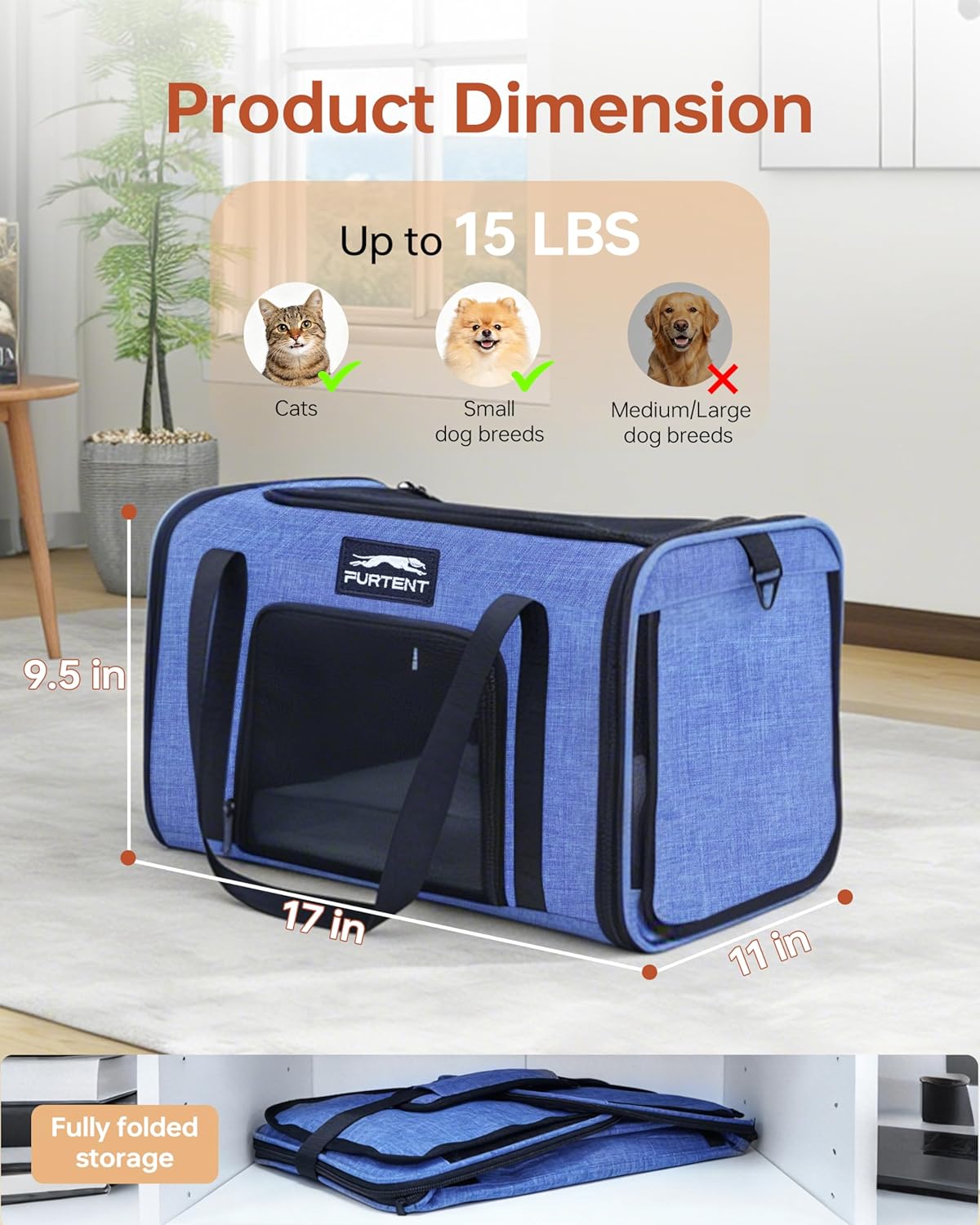 17x11x9.5 Pet Carrier Airline Approved, Cat Carrier with Litter Box, Soft Sided Cat Dog Carrier Up to 15 lbs, Breathable Travel Pet Carrier with Calming Curtain, Storage Bag & Poop Dispenser, Blue
