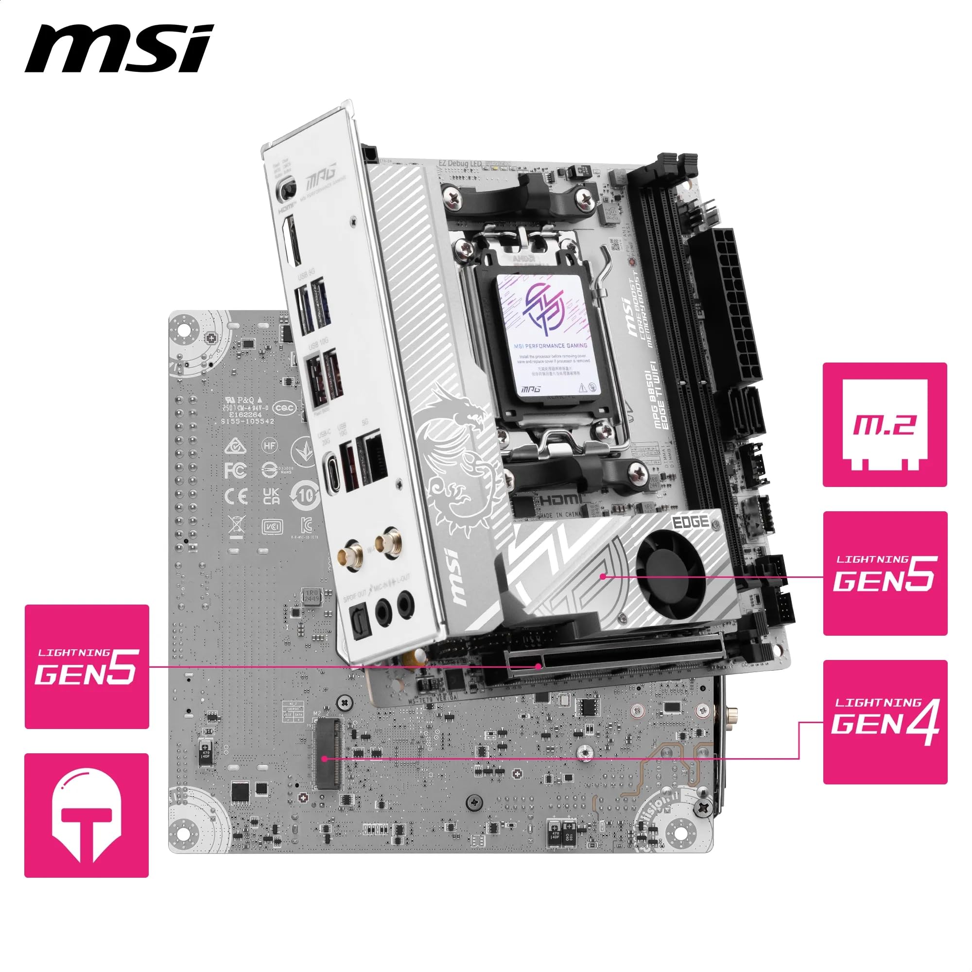 MSI Płyta główna MPG B850I EDGE TI WIFI, ATX - Obsługuje procesory AMD Ryzen 9000/8000/7000, AM5-90A SPS VRM, DDR5 Memory Boost (8200+MT/s OC), PCIe 5.0 x16, M.2 Gen5, Wi-Fi 7, 5G LAN