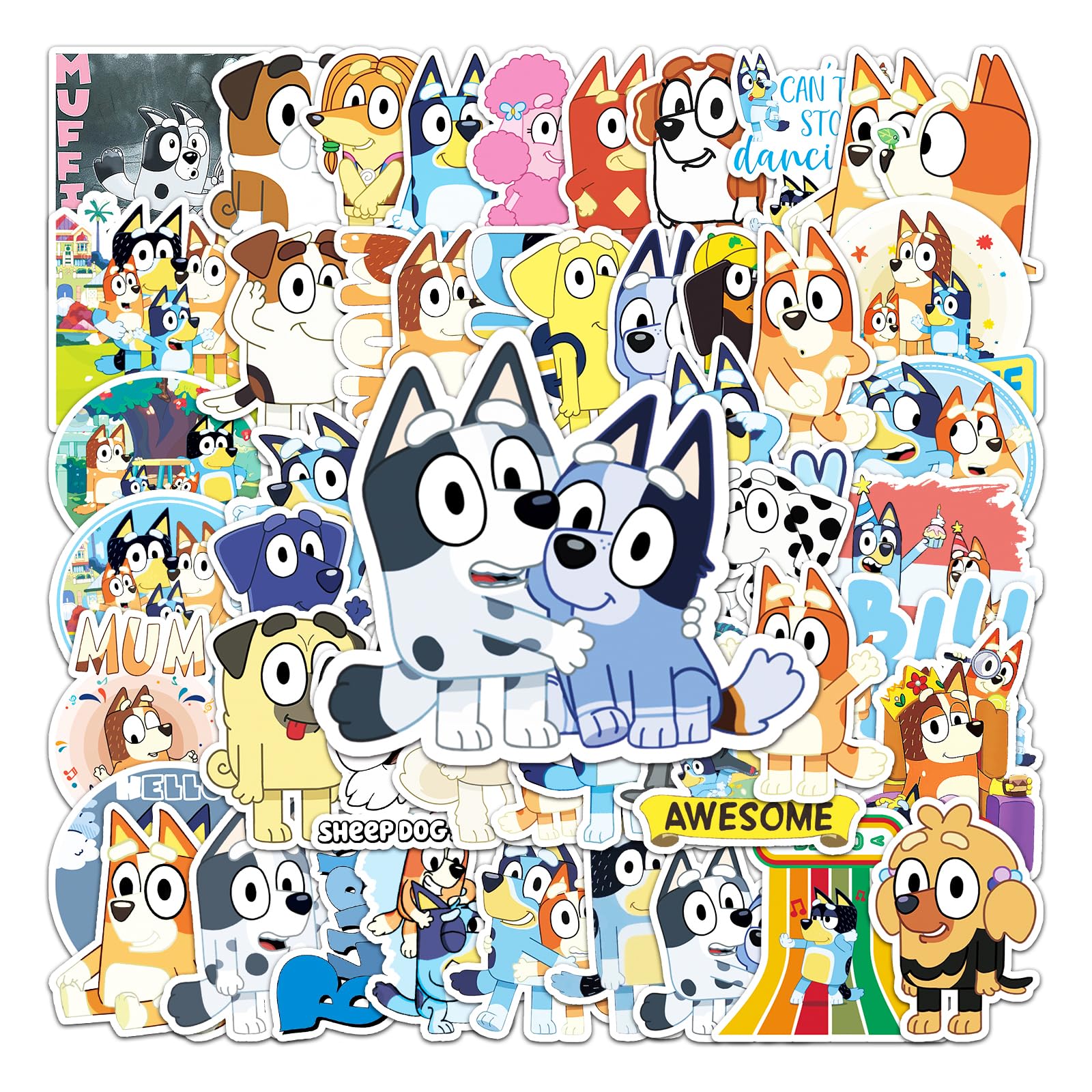 50PCS Bluey Stickers Sets,Waterproof Vinyl Kids Stickers Decals,Kawaii Bluey Anime Cartoon Stickers for Water Bottles Laptops Skateboards Phone Luggage Motorcycle Bicycle Fridge Kids Teens Gift