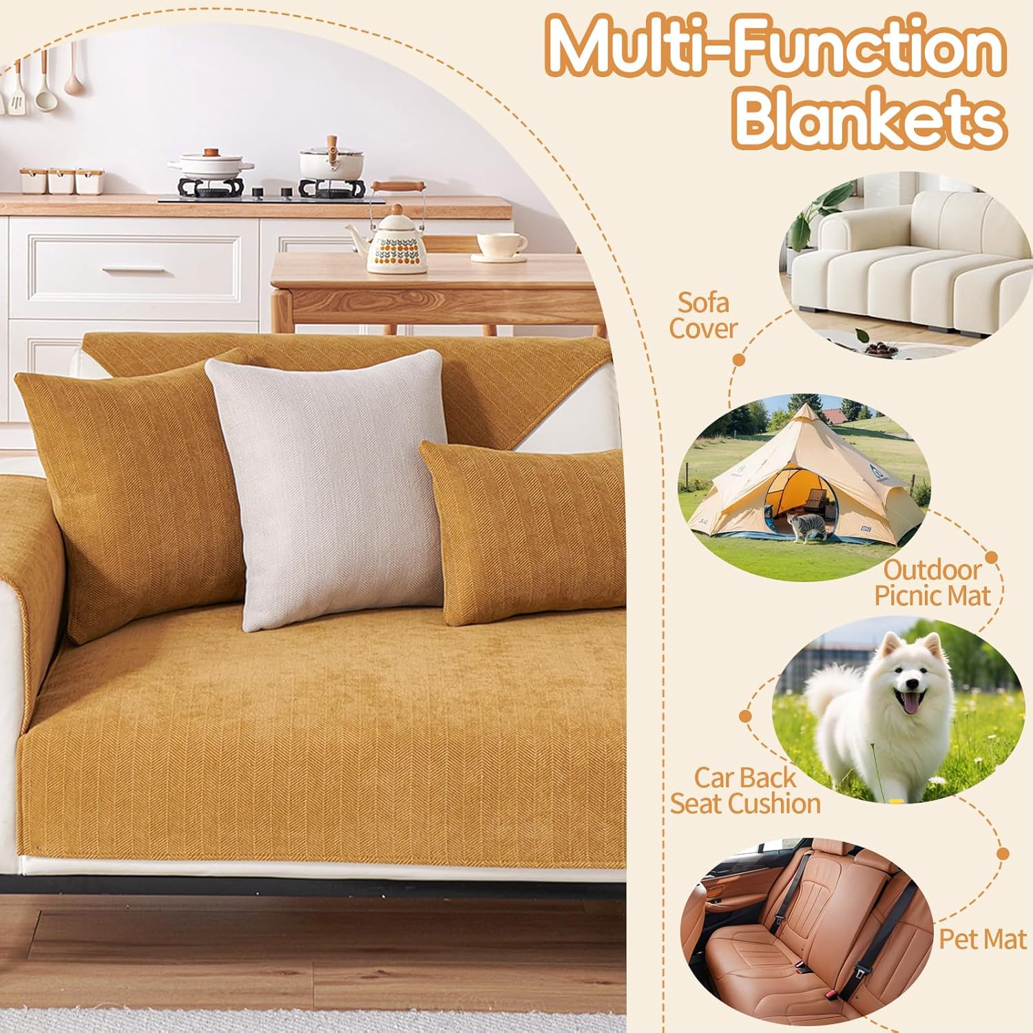 STACYPIK Mustard Yellow Sofa Cover for Dogs Non Slip Armrest Backrest Jacquard Couch Covers for 3 Cushion Couch Chenille Cat Love Seat Protector for Living Room L Shaped Sofa Slipcover-35.4x82.7IN