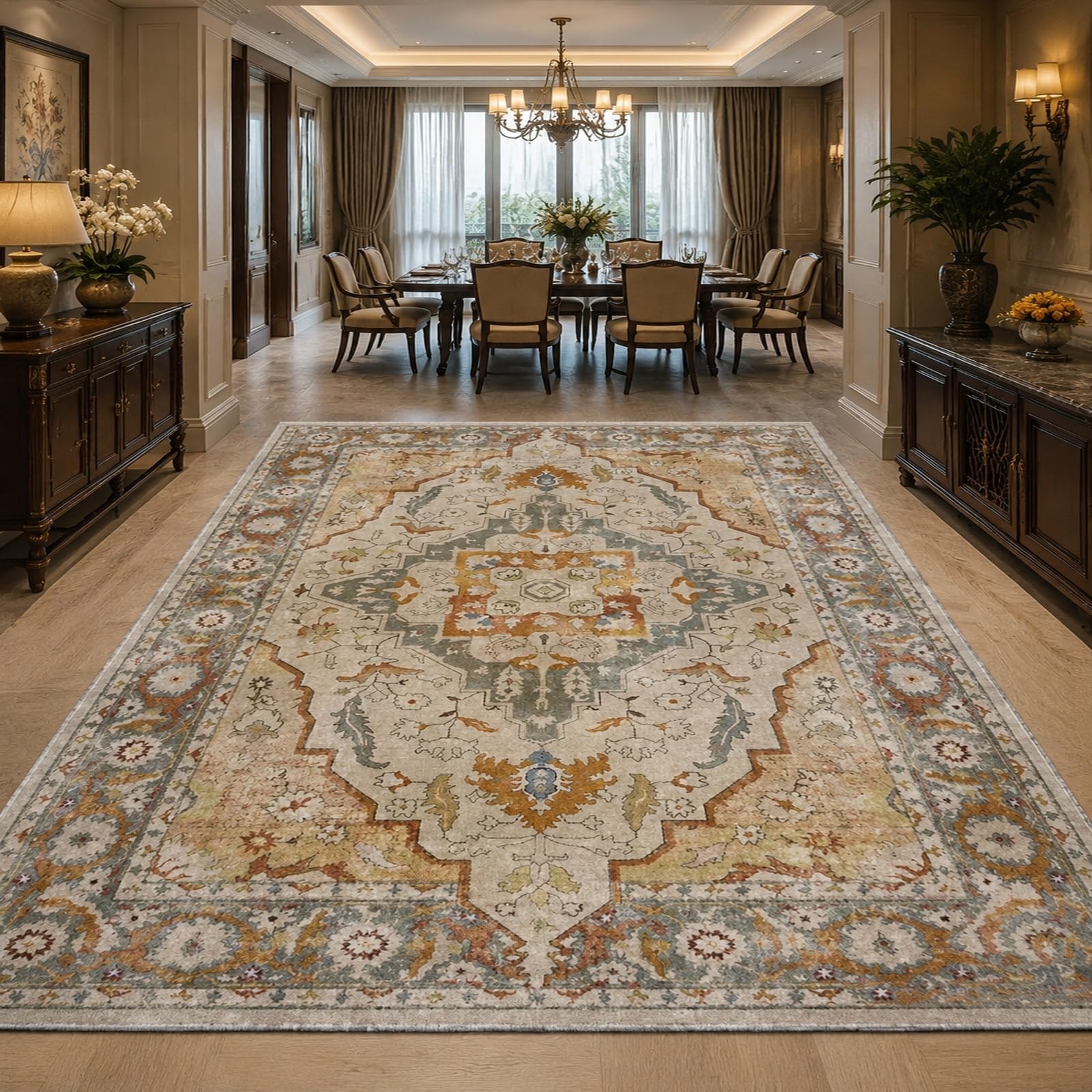 Tapis de salon beige et gris 200x300 cm à motif floral vintage