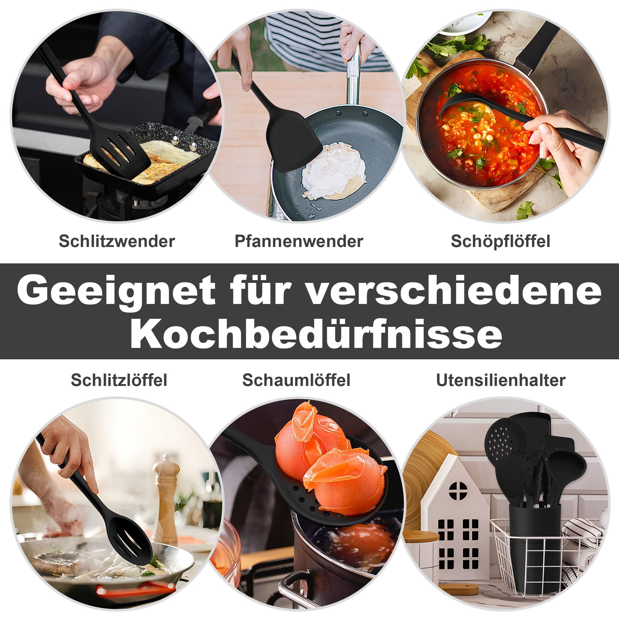 Homikit Set De 8 Ustensiles De Cuisine En Silicone Antiadhésifs - Spatule, Louche, Fouet, Noir