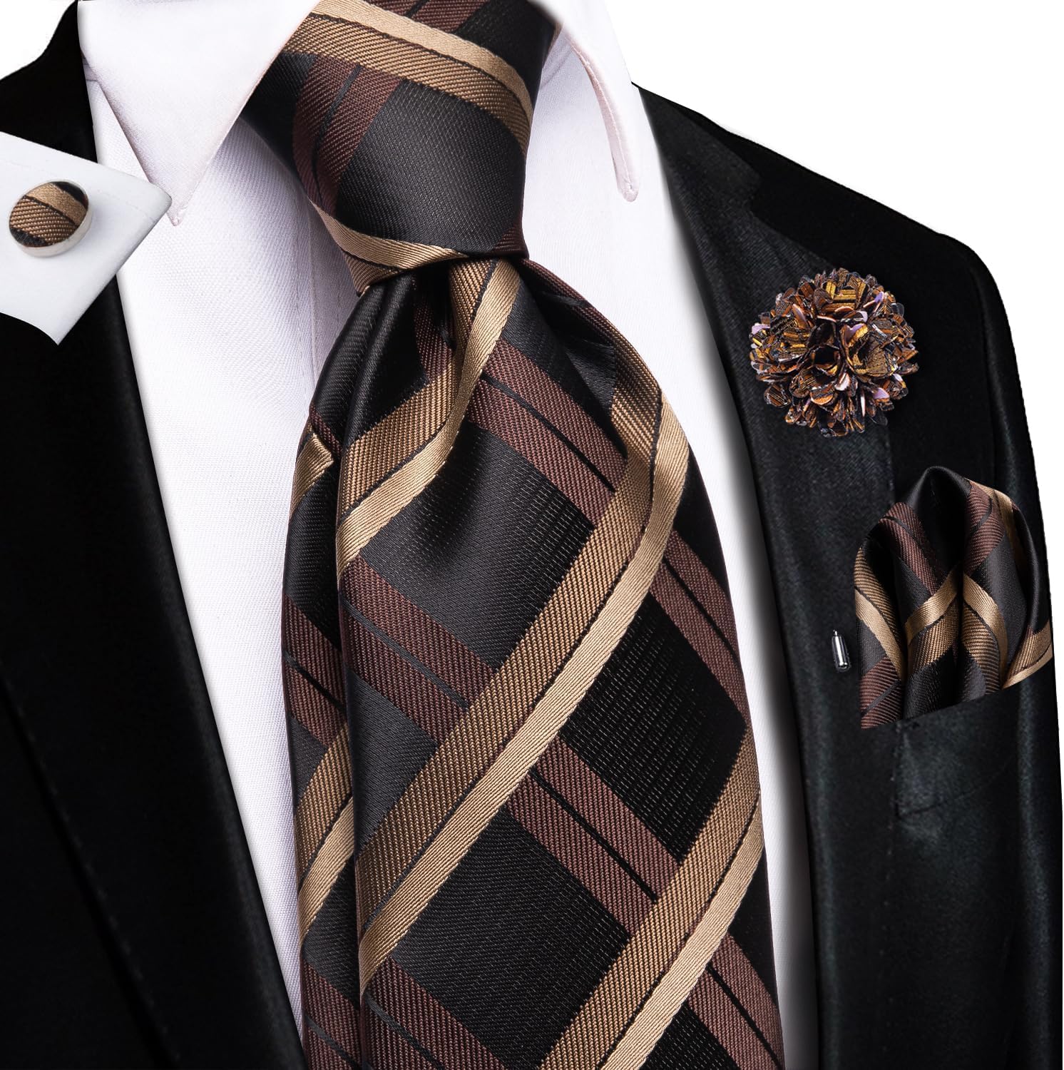 Hi-Tie Mens Tie Set Silk Striped Woven Necktie with Lapel Pin Pocket Square Cufflinks Set for Wedding Party - Image 2