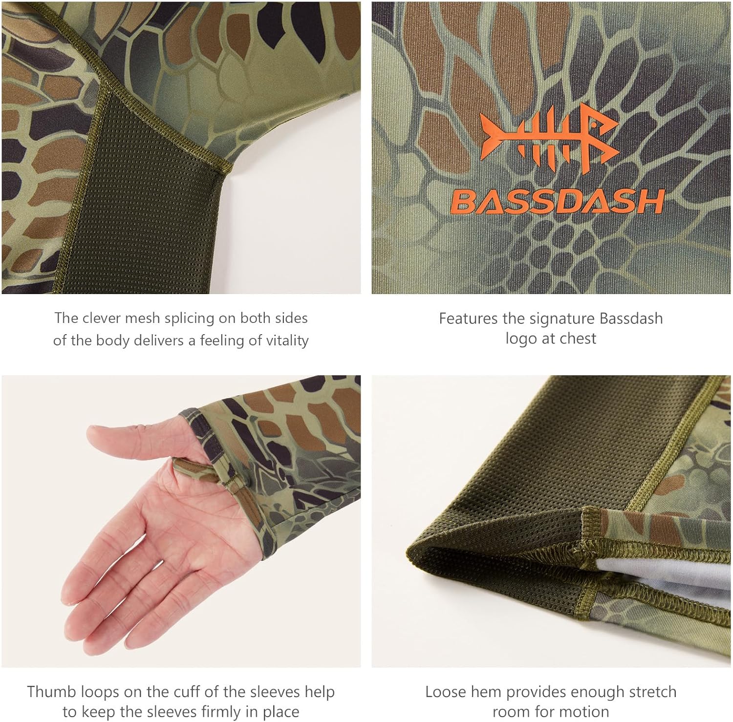 BASSDASH Men's Hunting Camo Performance Long Sleeve Shirt Fishing UPF50+ FS13M - Image 6