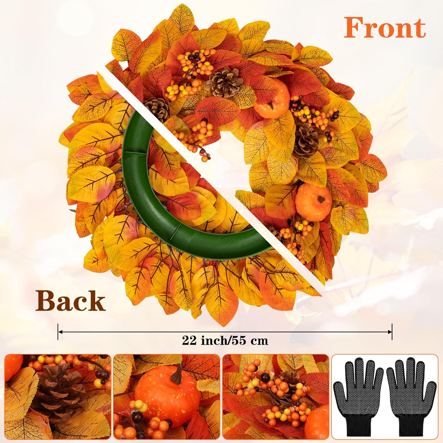 22inch Fall Wreaths for Front Door, Autumn Maple Leaves Wreath with Berry Pinecone Pumpkin Harvest Wreath with Hooks and Gloves for Outdoor Porch Home Kitchen Mantel Room Halloween Thanksgiving Decor