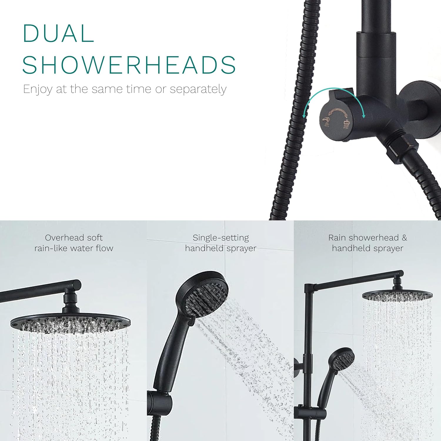 Fennocasa Polaris 3 Rain Shower System, 8” Rainfall Shower Head and Handheld Shower Combo, includes 3-Setting Handheld Spray, Height Adjustable Shower Wand Holder, 60” Hose (2.5 GPM Matte Black)