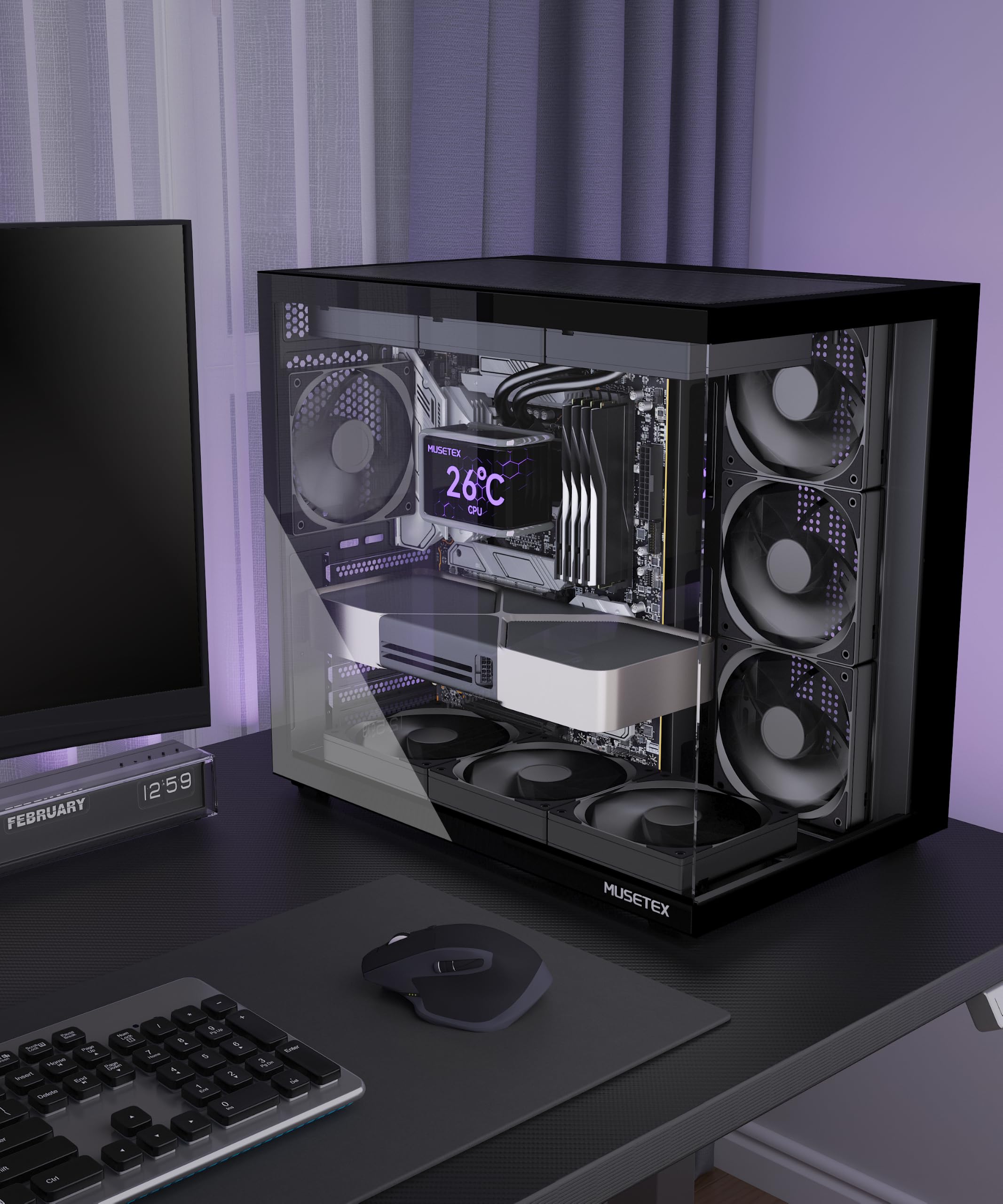 MUSETEX Y6 Caja PC ATX Torre Mediana Gaming con Tipo-C Cristal Templado 270° Negro