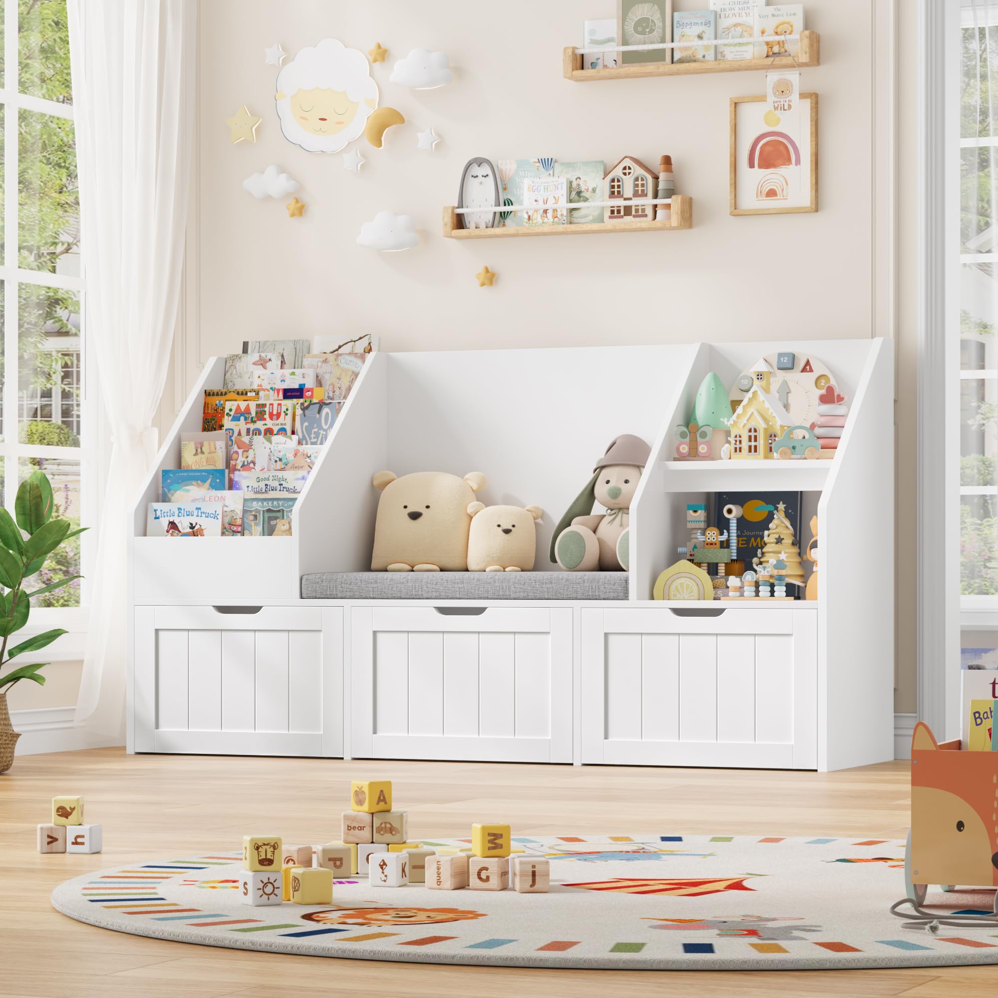 FOREHILL Libreria Montessoriana per Bambini, Porta Giochi Bambini con Cuscini, Libreria Panca a 4 Ripiani, Mobile Porta Giochi a 3 Cassetti con Ruote, per Cameretta, Studio, 140x39.5x80 cm (Bianco)