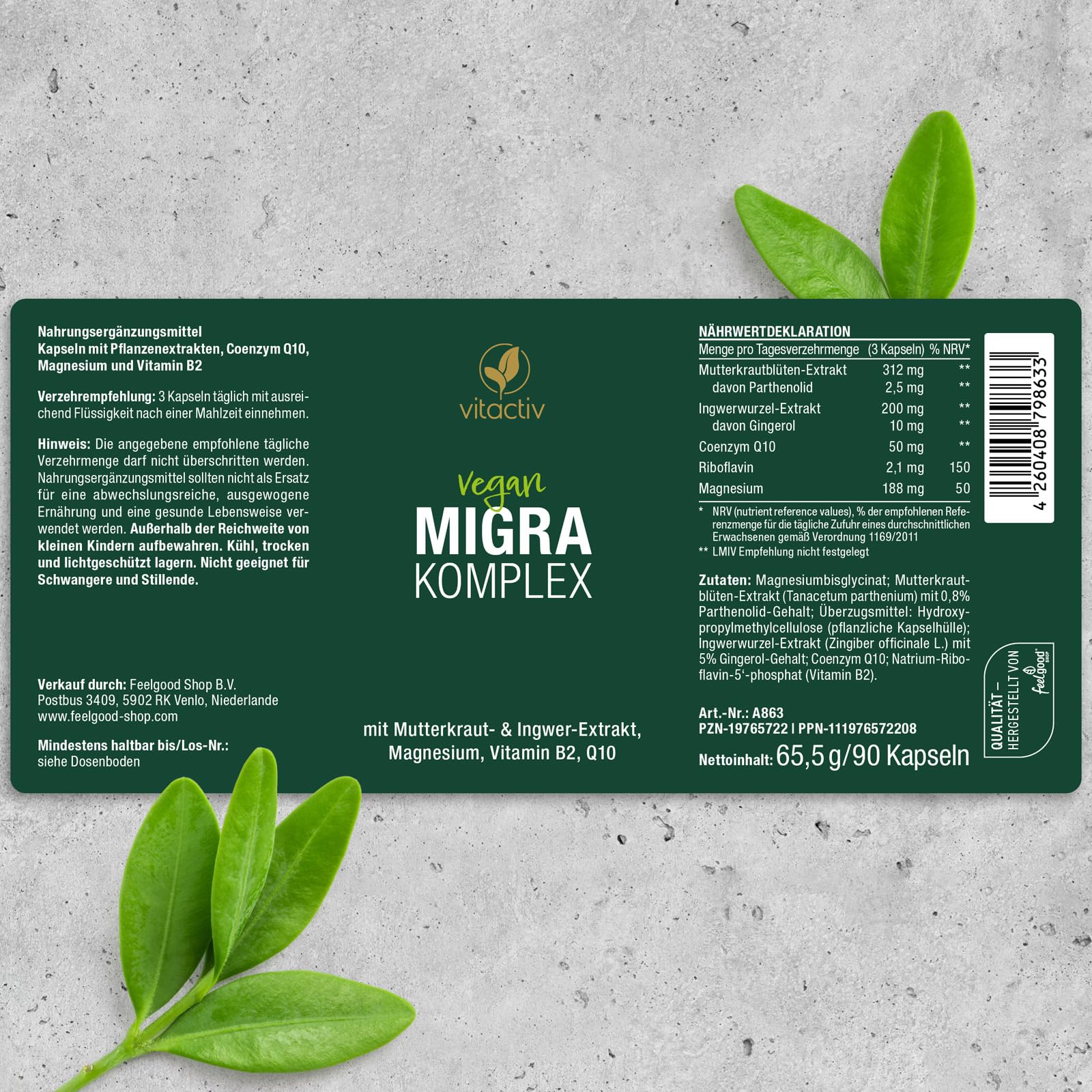 VITACTIV Migra Komplex - 90 Mutterkraut Kapseln für Kopf Balance - Plus Ingwer Extrakt, Magnesium, Coenzym Q10, Vitamin B2 - Produziert & Laborgeprüft in Deutschland - Vegan, Ohne Künstliche Zusätze