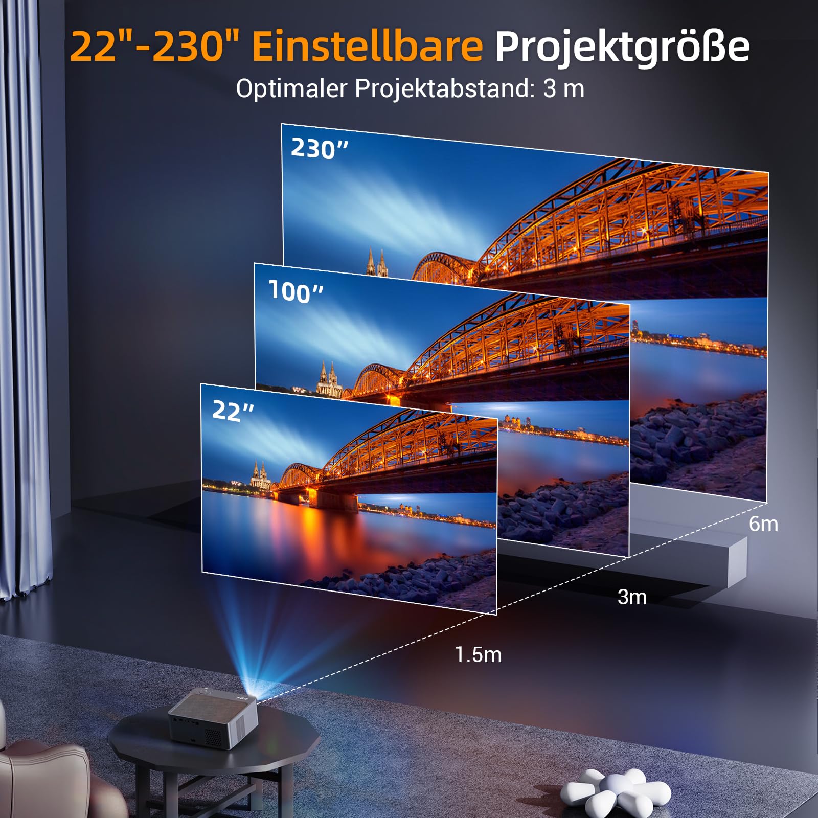 XGODY A45 Android Beamer unterstützt 4K Native 1080P FHD Projektor, 500 ANSI Autofokus Projector mit 2.4/5G WiFi und 5.0 Bluetooth, Smart Heimkino Video Beamer mit YouTube 8000 APPs