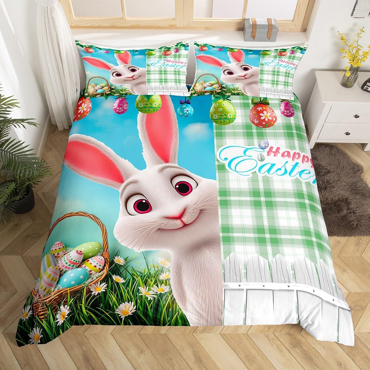 Manfei Easter Duvet Cover Set Toddler Size, Cute Rabbit Green Plaid Bedding Set 2pcs, Flower Colorful Eggs Comforter Cover, Kids Girl Room Decor, Soft Polyester Quilt Cover, 1 Pillowcase, No Comforter