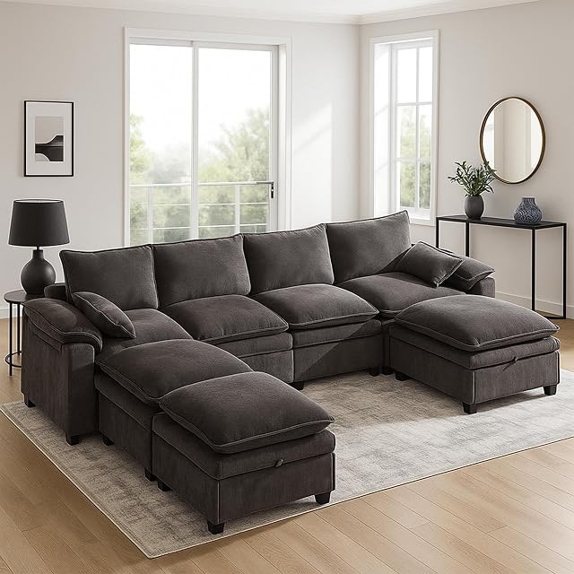 122 Modular Sectional Sofa with Storage Premium Chenille Cloud Couch with Movable Ottomans 1200lbs Heavy Duty Deep Seat