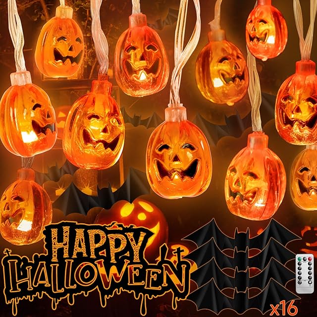 Halloween String Lights, 30 LED 3M/10ft Halloween Lights with 16Pcs Bat Stickers, 8 Modes Battery Operated Remote & Timer Waterproof Indoor/Outdoor Halloween Pumpkin Lights for Halloween Decorations