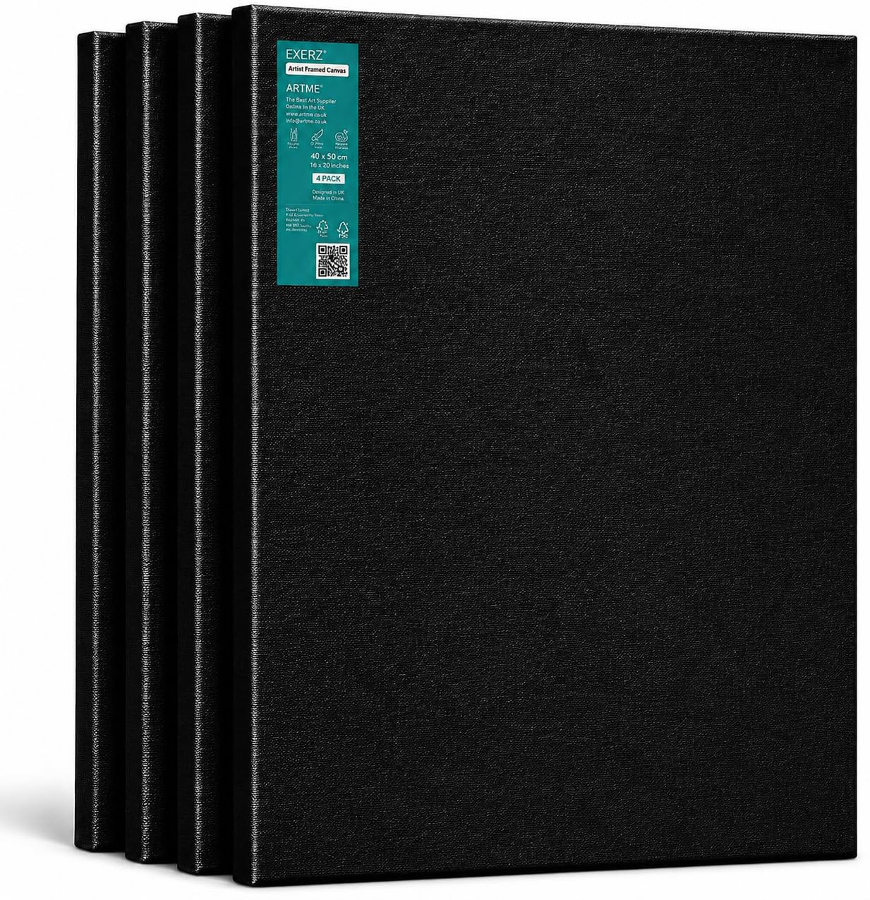 Exerz Pre-Stretched Canvas Black 40x50cm, 4 Pack – 100% Cotton, 280 GSM, Triple Primed, Acid-Free, Medium Grain, 1.7cm Framed Artist Canvas for Acrylic & Oil Painting