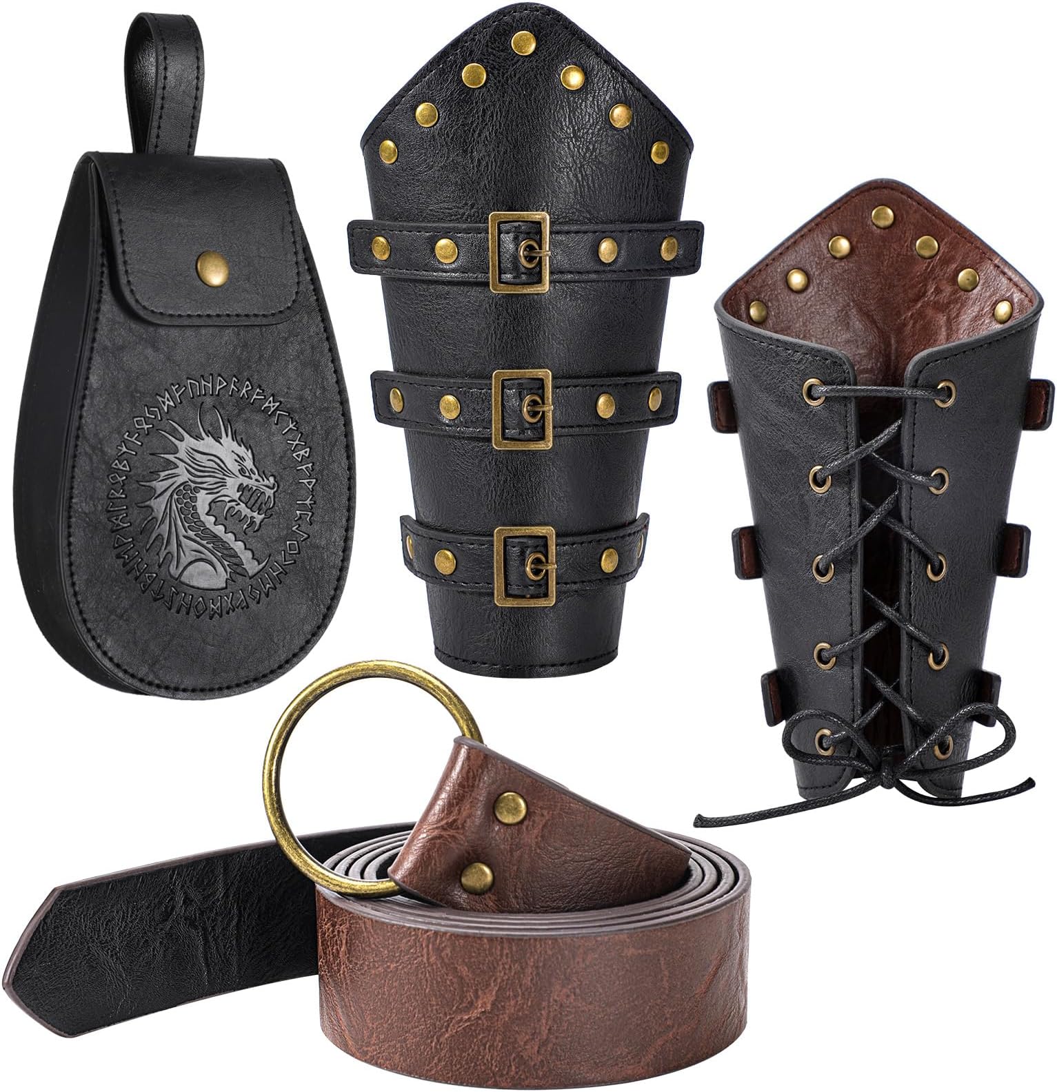 Berenlu 3 PCS Renaissance Accessories, Viking Belt, Medieval Vintage Belt Pouch & Leather Bracers for Halloween LARP Cosplay