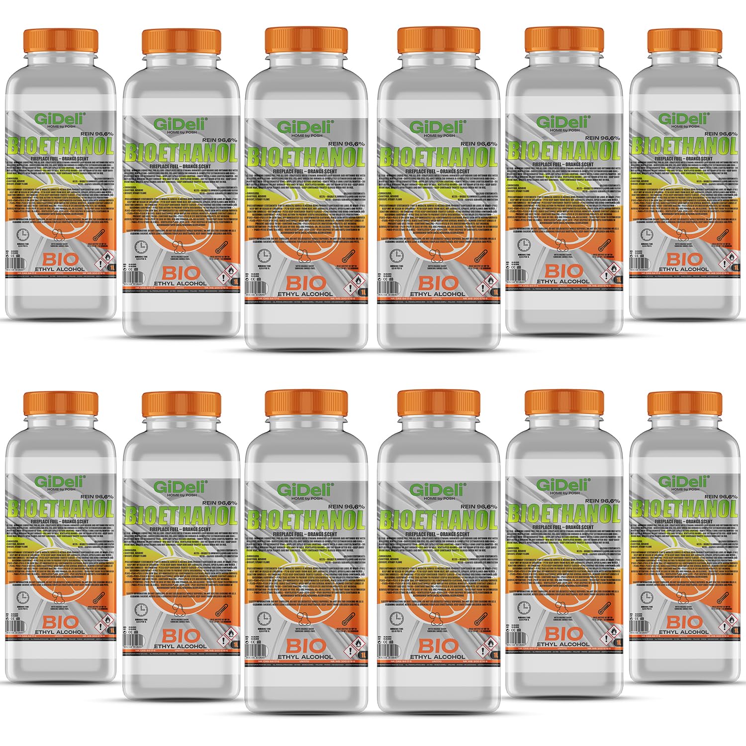 GiDeli bioetanolo 12 x 1 l profumo d'arancia, 96,6% etanolo per camini interni ed esterni, senza fumo e fuliggine, da mais e barbabietola da zucchero