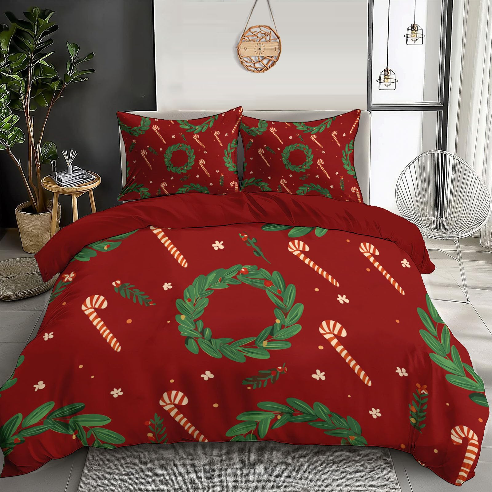 Housse de couette 220x240 rouge pour chambre d'ado et adulte parure de lit Noël