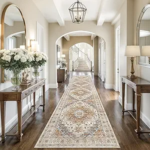 Madane Hallway Runner 3x14 - Runner Rugs 14ft Washable Entryway Rug Vintage Kitchen Runners Non Slip Indoor Area Rug Farmhouse Carpet Runner for Bathroom Living Room Bedroom, Turmeric/Grey