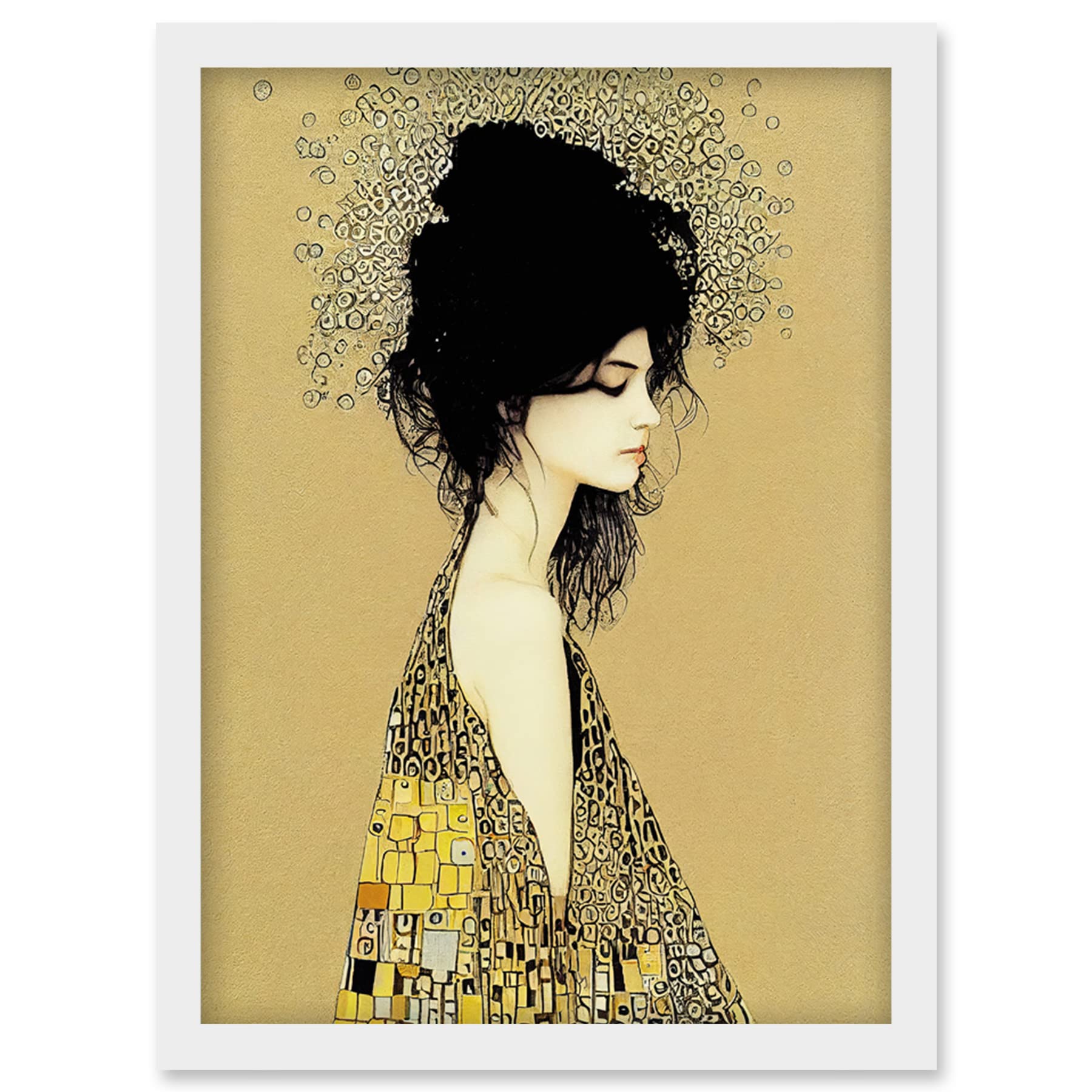 Wee Blue Coo Klimt Style Woman in Multi Coloured Shawl Painting Artwork Framed Wall Art Print A4