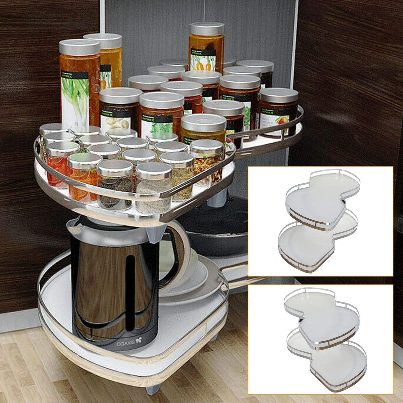 Organizer narożny do szafek 900 mm, 1000 mm, 2-poziomowa taca obrotowa, karuzela z wysuwaną półką, biały (prawy otwór)