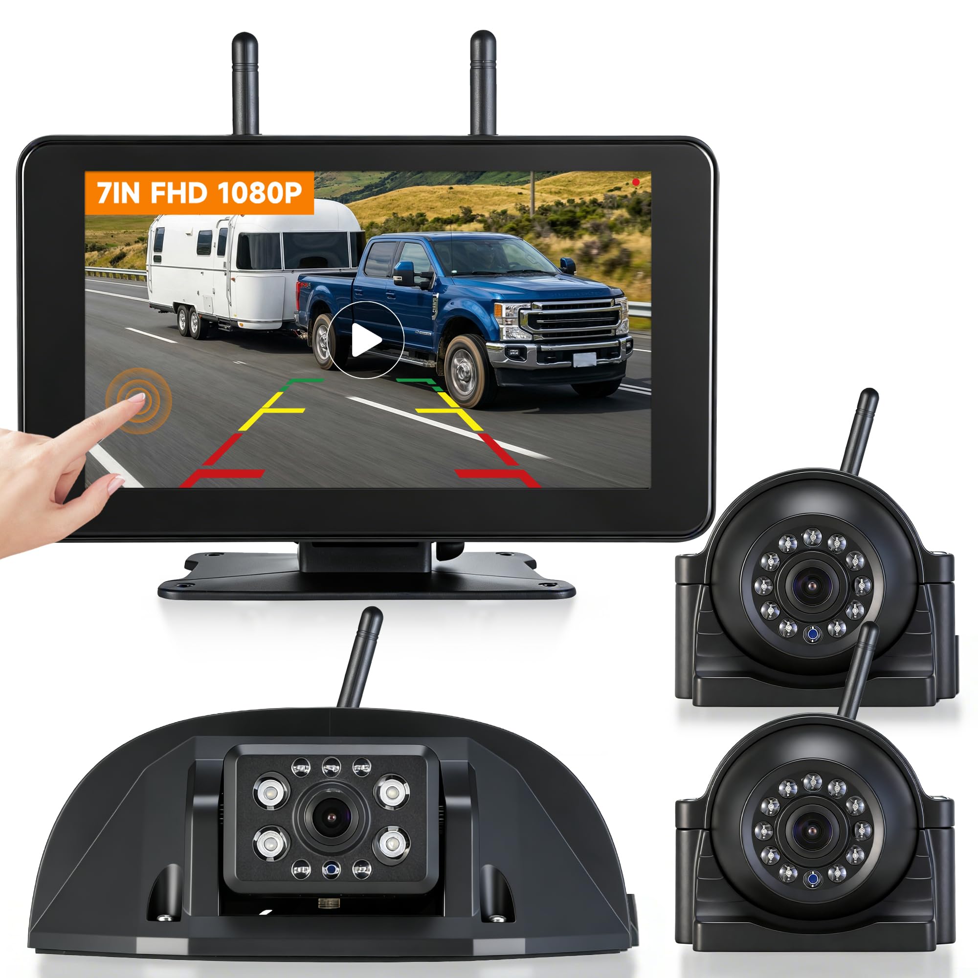 Wireless RV Backup Camera System, Plug & Play for Furrion Pre-Wired | 7" HD 1080P DVR Touch Screen, 3 Rear Side View Cameras, IP69 Waterproof Night Vision DIY Guide Lines for Truck Trailer Camper 4*15.12*6.14
