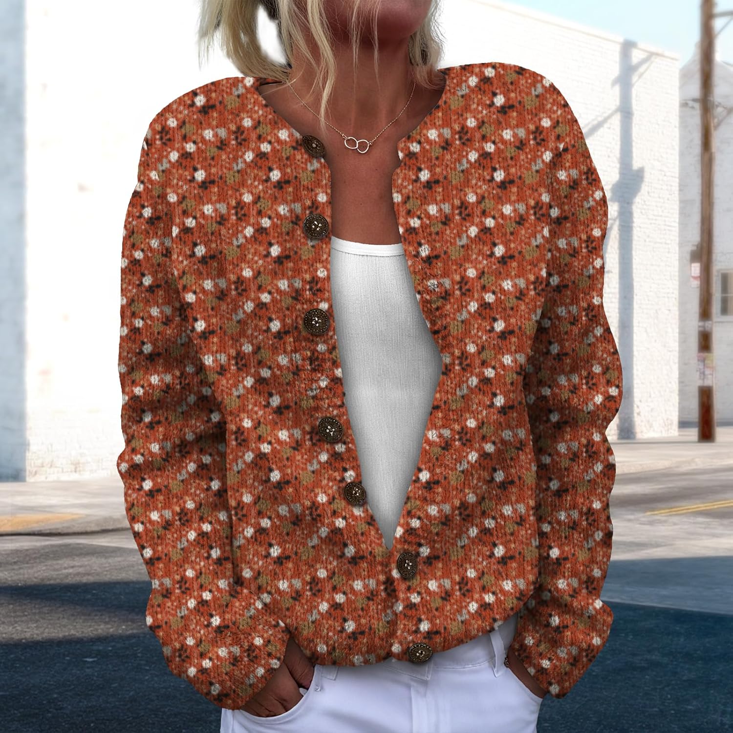 Cardigan Sweaters for Women Crewneck Long Sleeve Open Front Sweater Coatwear Slim Fit Floral Print Winter Cardigans - Image 2