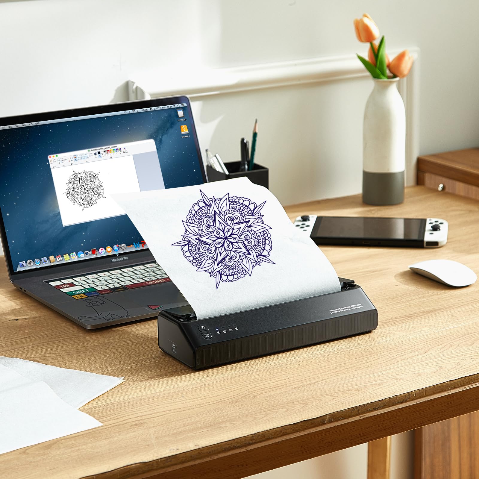 VEVOR Thermocopieur Tatouage sans Fil Bluetooth, Imprimante Tatouage avec 10 Papiers, Machine Transfert Tatouage iOS Android iPad PC