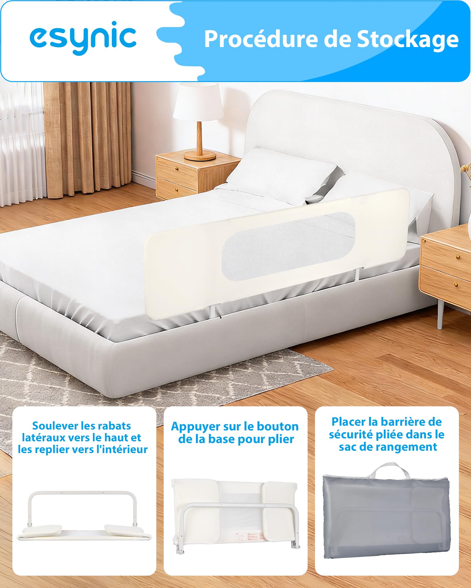 eSynic Barrière de Lit Enfant Pliable 150 x 41 cm Base en U Réglage en Hauteur Attache de Ceinture de Sécurité Barriere de Sécurité Lit Tissu Maillé Protection Anti-Collision avec Sac de Rangement