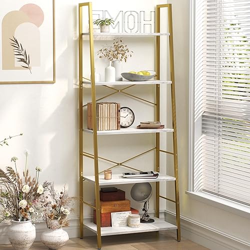 Yusong Bookshelf, Ladder Shelf 5-Tier Bookcase for Bedroom, Industrial Book Shelves Storage Rack with Metal Frame for Home Office, Gold