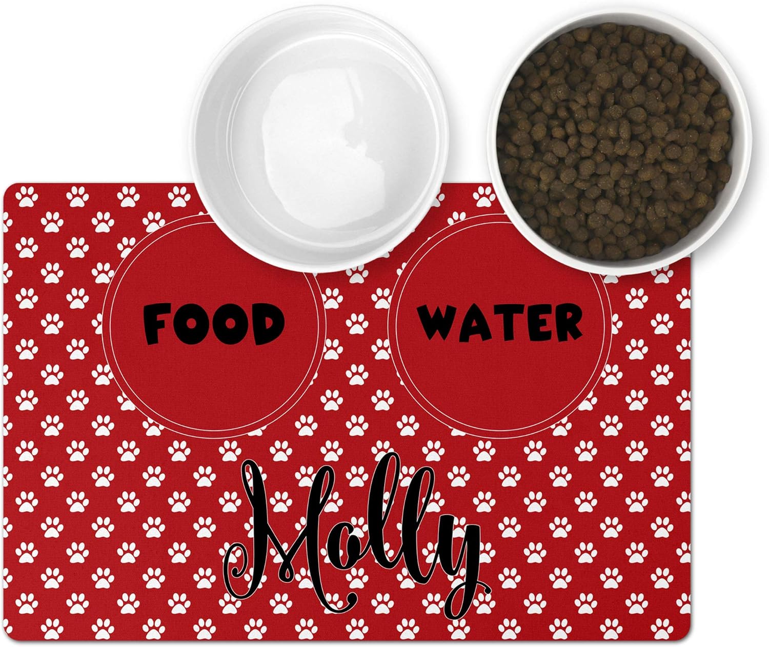Personalized Pet Mat - Neoprene, Sturdy & Non-Skid Back - Cats & Dogs Feeding Mat - Petfood, Water & Dish Bowl Pad - Edge Corner Utility Placemat (10x16, Red Paw Print)
