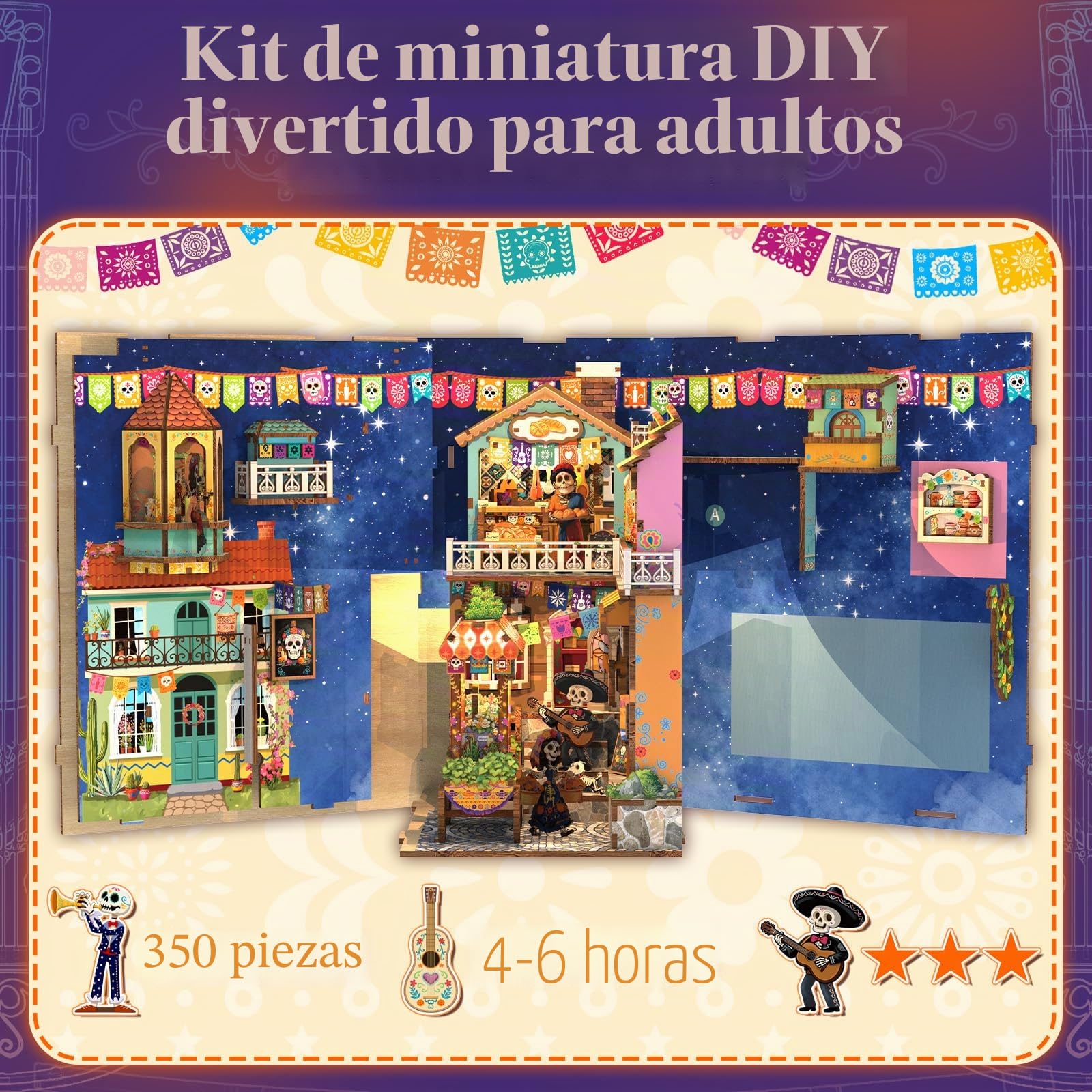 Fsolis Kit Book Nook Casa de muñecas Miniatura (Plaza de los Muertos) | Puzzle 3D Madera para Adultos con Luz LED, Decoración de Estantería & Regalo Creativo