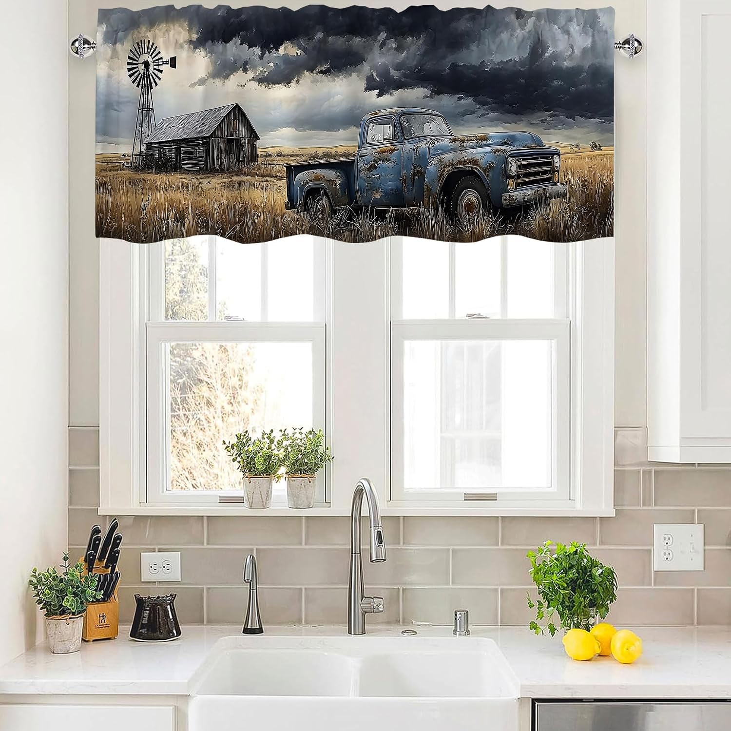 Truck Valance Curtains, Rod Pocket Valances for Windows, Small Window Treatment Valances for Kitchen, Living Room, Bedroom, Bathroom, Home Decor, 18x54 Inch, 1 Panel, Vintage Car Farmhouse Windmill