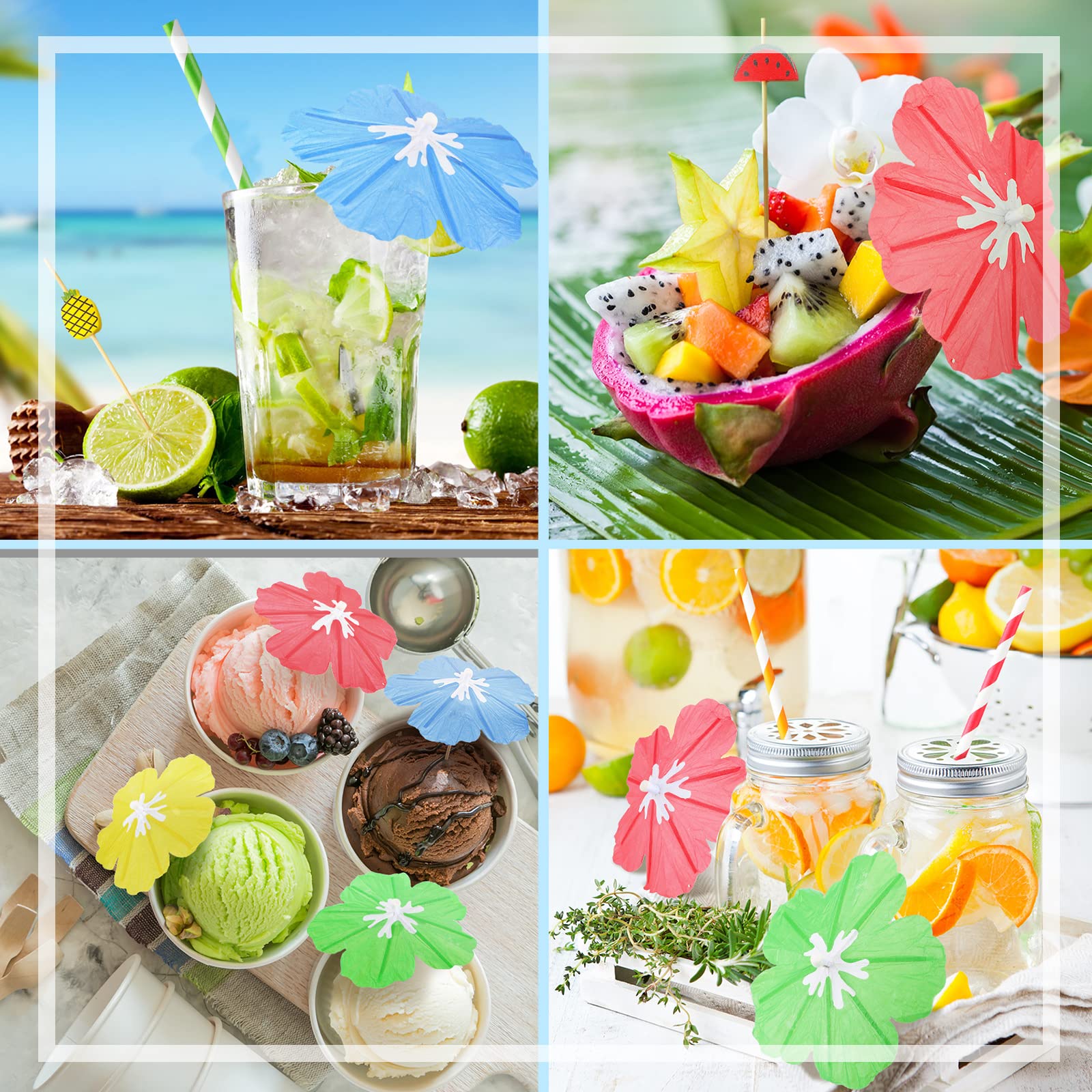 160 Pieces Umbrella Cocktail Pick for Drinks Hibiscus Fruit Sticks Colorful Straws Parasol Cocktail for Luau Hawaiian Tropical Summer Beach Pool Wedding Party Decor