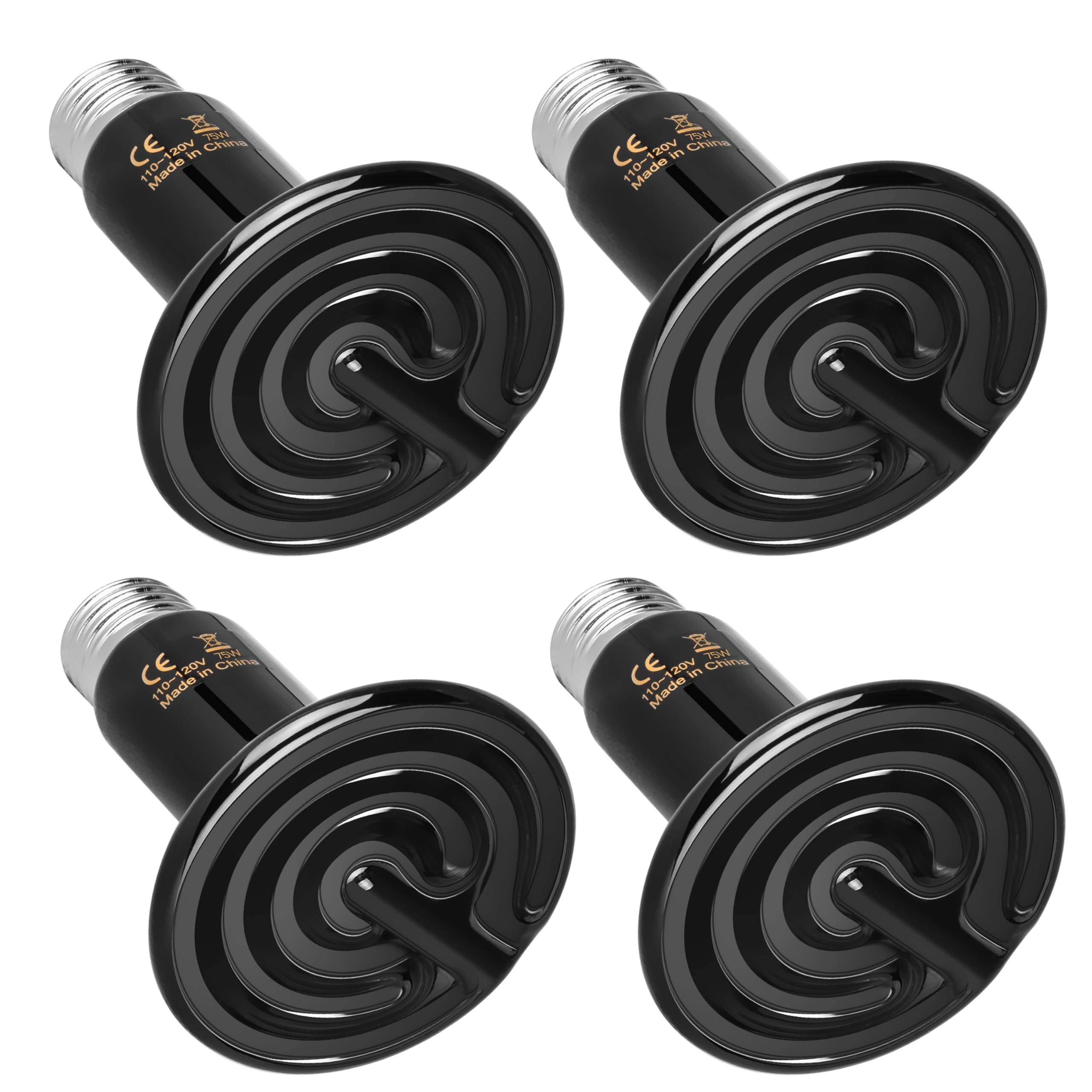 YSSOA 75W Ceramic Heat Emitter Bulb, No Light Reptile Heat Lamp Tank Heat Bulb for Lizards, Bearded Dragons, Turtles, Chickens, 4 Pack