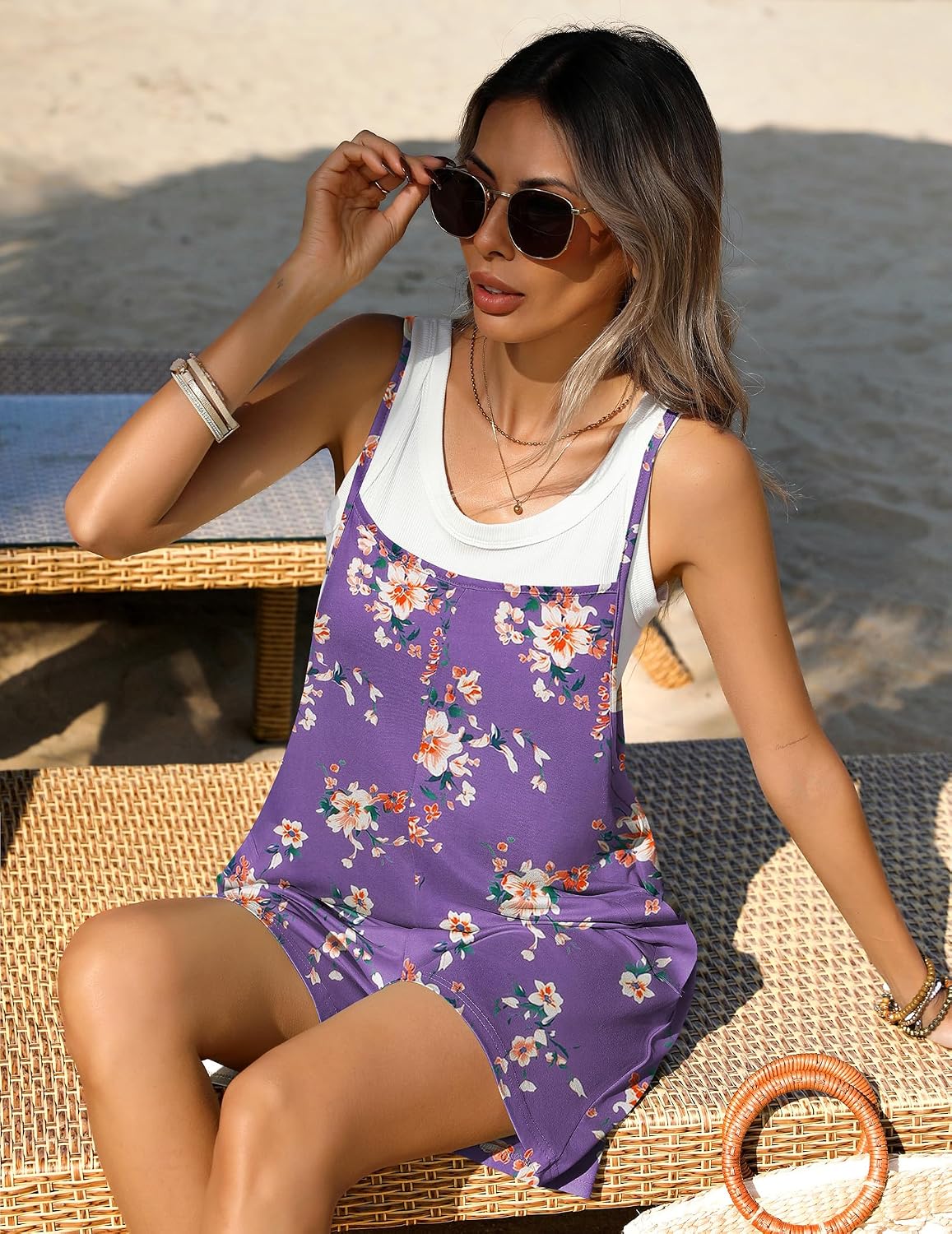 Ekouaer Summer Rompers for Women Floral Beach Sleeveless Shorts Overalls Boho Outfits 2026 Jumpsuit With Pockets