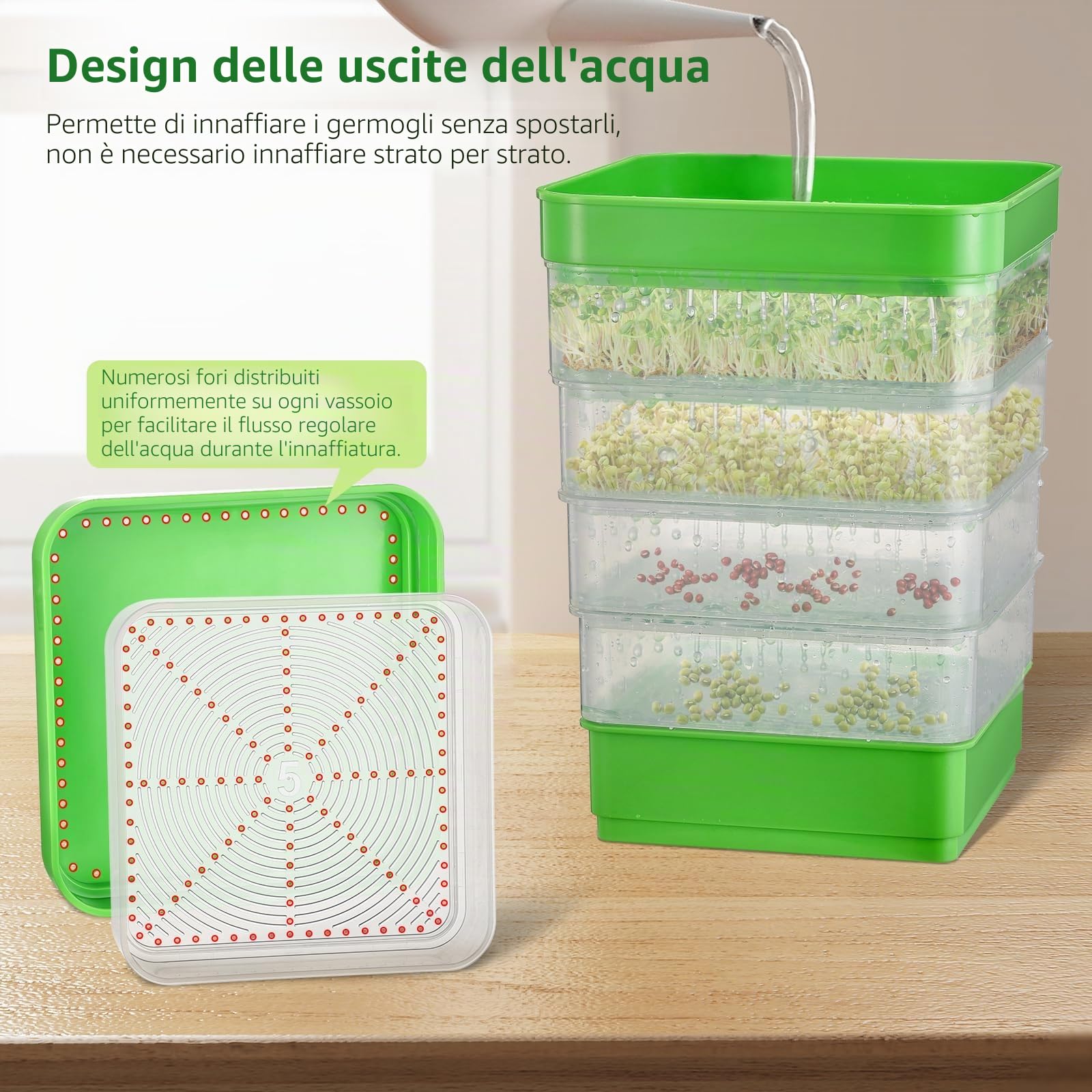 WYWY Kit di germinazione di fagioli a 4 piani, vassoi da coltivazione impilabili per microrganismi verdi