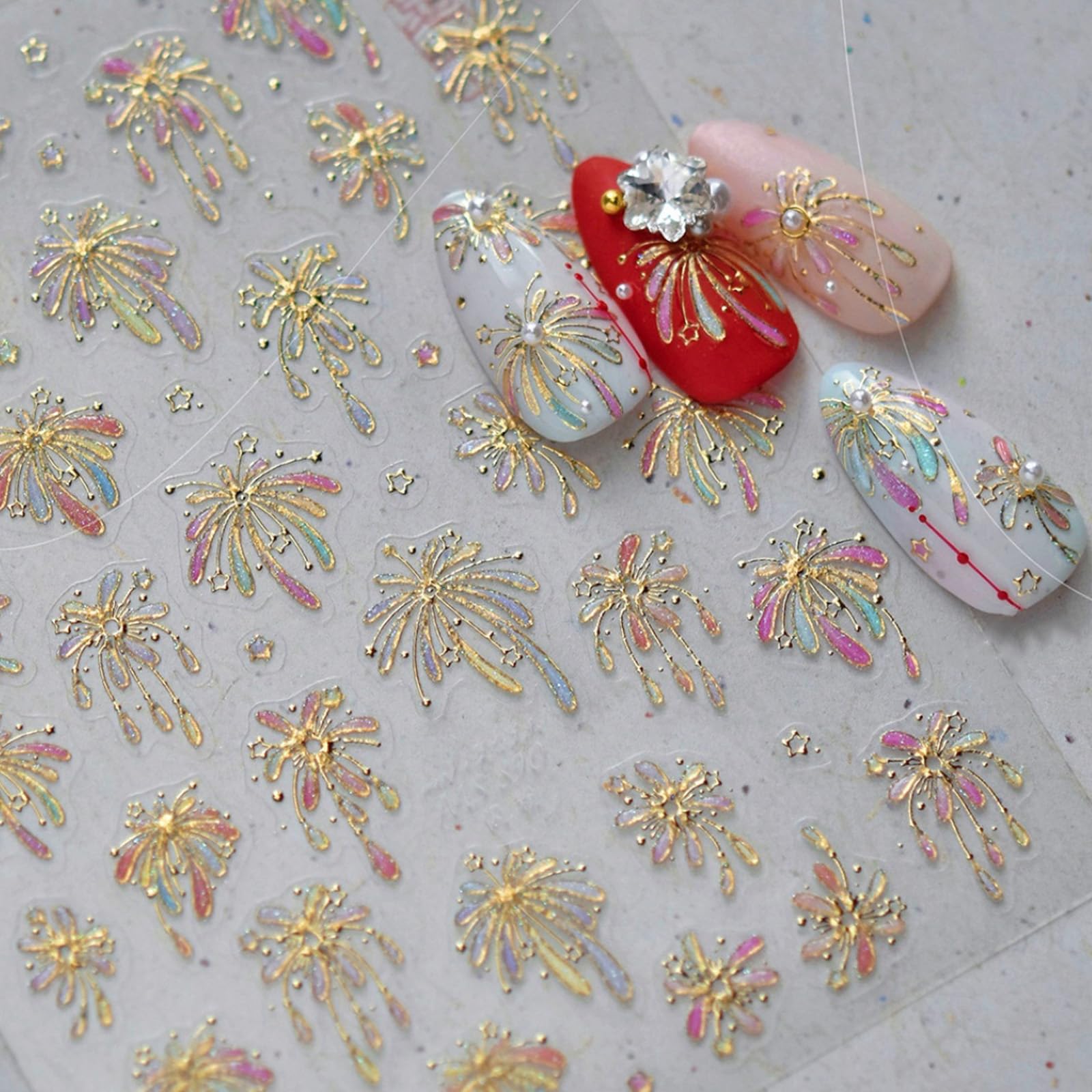 Fireworks Nail Stickers Decals Gold Nail Decals Colorful Jelly Design 5D Embossed Nails Charms Supply for Women Girls Manicure DIY Decoration Accessories