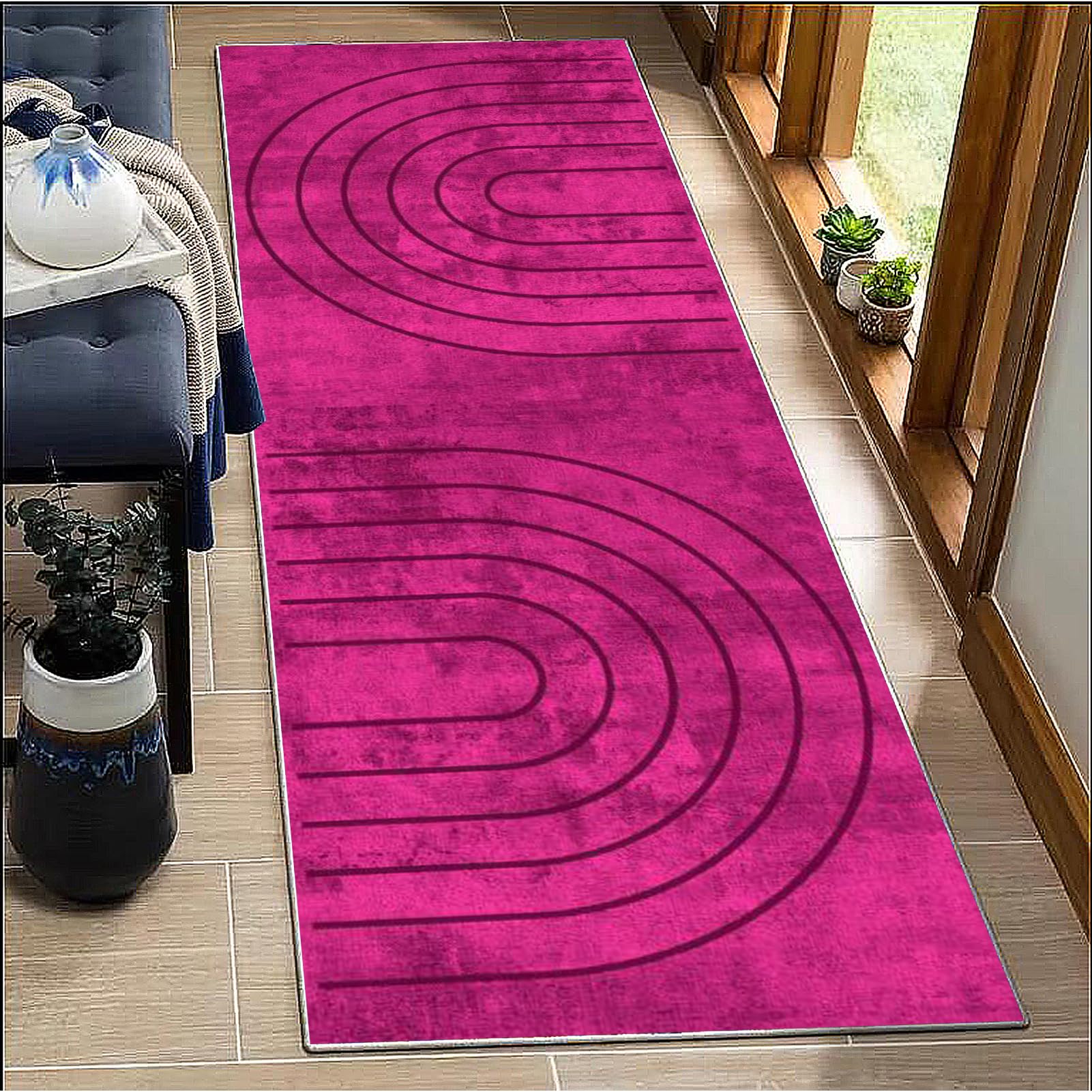 BORKOY Pink Pattern Runner Rug 60x400cm Non-Slip Hallway Carpet Washable Kitchen Mat Long Lasting Floor Cover for High Traffic Areas Living Room Entryway Bathroom Staircase Contemporary Design