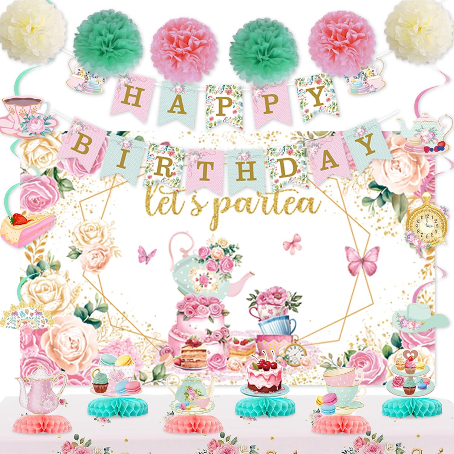 Floral Tea Party Decorations Let's Par Tea Decorations with Floral Tea Honeycomb Centerpieces Tea Hanging Swirl Banner Backdrop Flower Ball for Birthday Baby Shower Wedding Tea Party Supplies