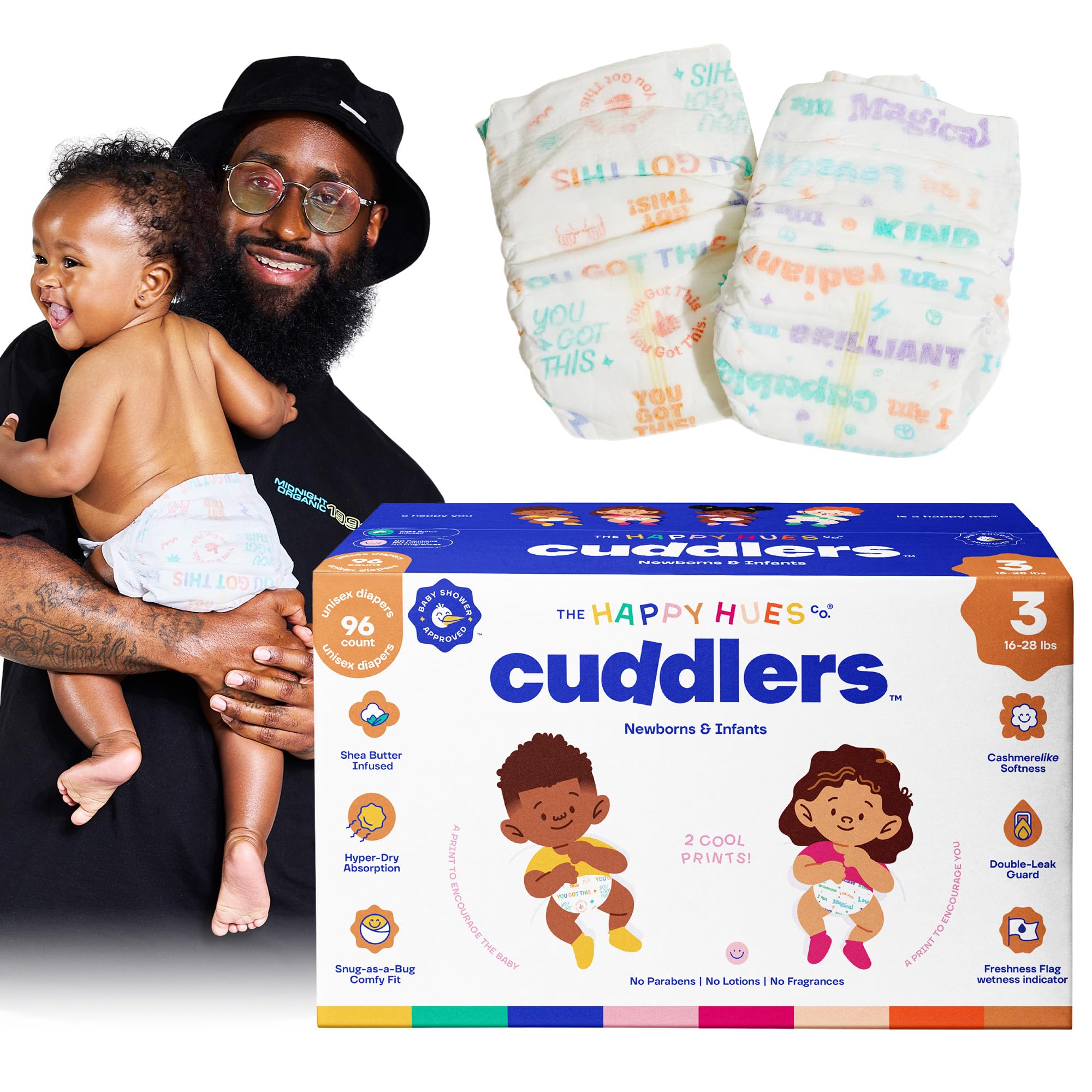 Happy Hues Cuddlers Disposable Diapers Size 3, 16-28 lbs, 96 Count | Shea Butter, Wetness Indicator, Leak Protection, Ultra-Soft Unisex, Full Coverage