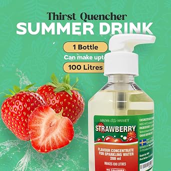 Aromhuset Strawberries Water Drops 200 ml – Pump Bottle – Makes 100 Litres with 1:500 – Zero Sugar & No Calories - Just Add 2 Pumps to 1 Litre Sparkling Water