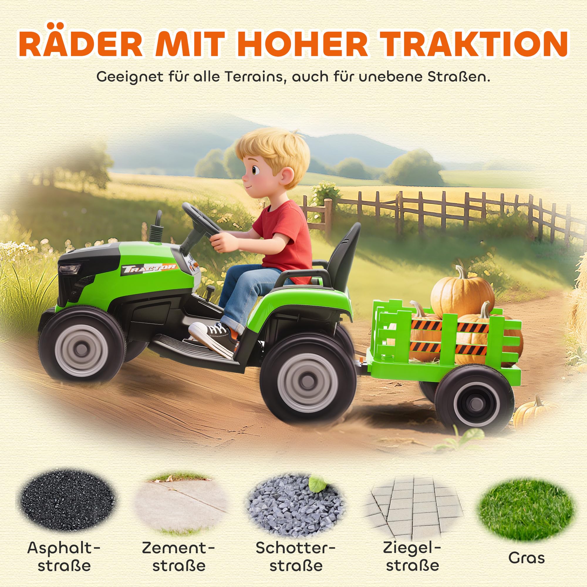 AIYAPLAY Elektrischer Kinder Traktor mit Anhänger, Aufsitztraktor mit Fernbedienung, 2 Motor, 3-Gang Kinder Elektroauto mit Musik, Hupe, Startgeräusch, Sanft Start, 3-5km/h, für 3-8 Jahre, Grün