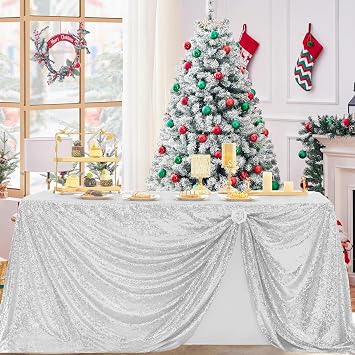 Silver Sequin Tablecloth 60X102 inch Rectangular Glittering Shimmer Table Cover for Wedding Baby Shower Christmas Birthday Party Dinner Sparkly Dessert Food Flower Decoration